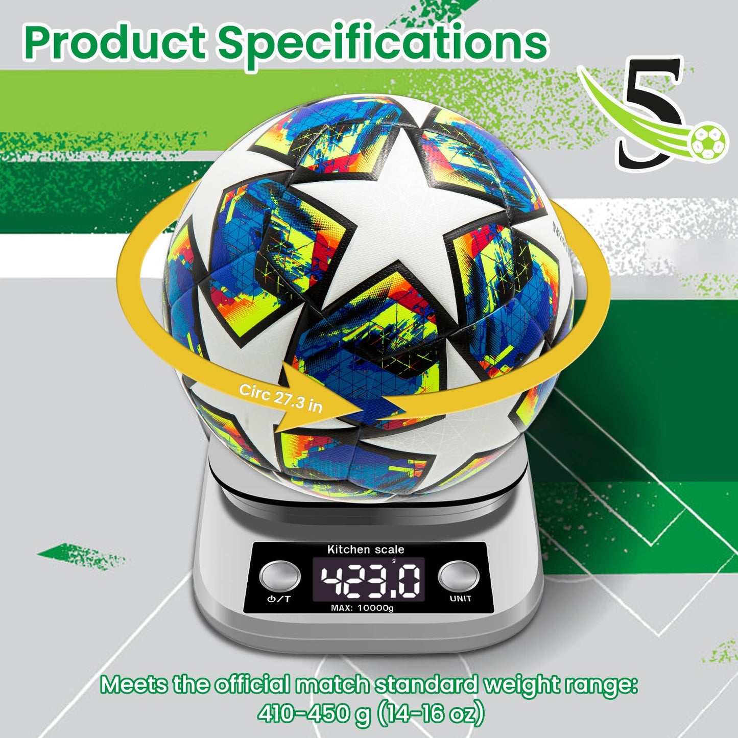 ZWAW Size 5 Soccer Ball, Waterproof PU Leather, Official Match Ball, with Pump & Needles
