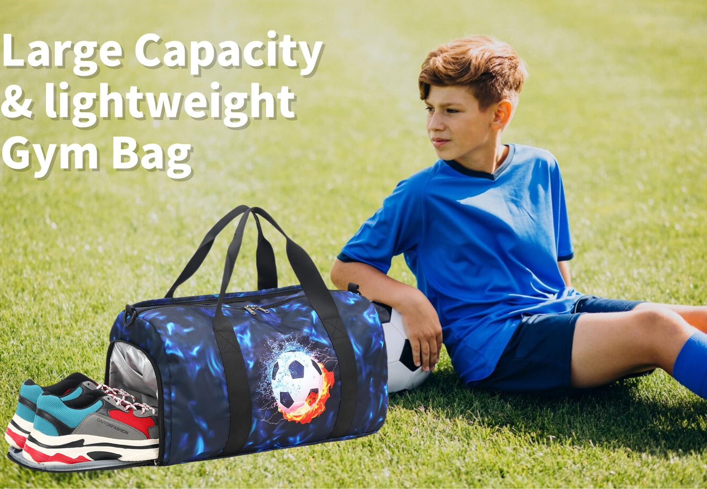 Kids Duffle Bag Boys Girls Overnighter Travel Sport Gym Bag Weekender Carry On Shoulder Bag with Shoe Compartment & Wet Pocket (Soccer Black Blue)