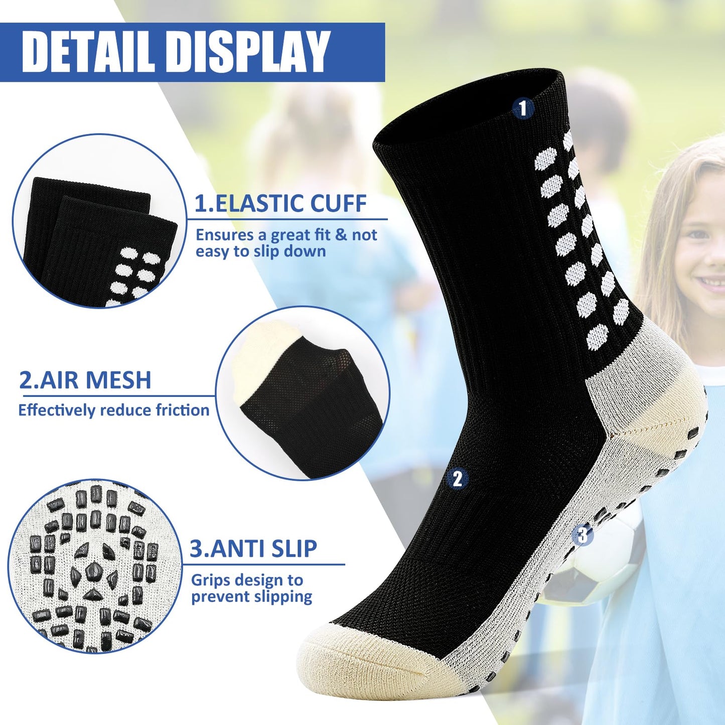 HYCLES Kids Grip Soccer Socks, 3 Pairs Youth Non Slip Athletic Cotton Cushioned Socks for 8-12 Years Boys Girls