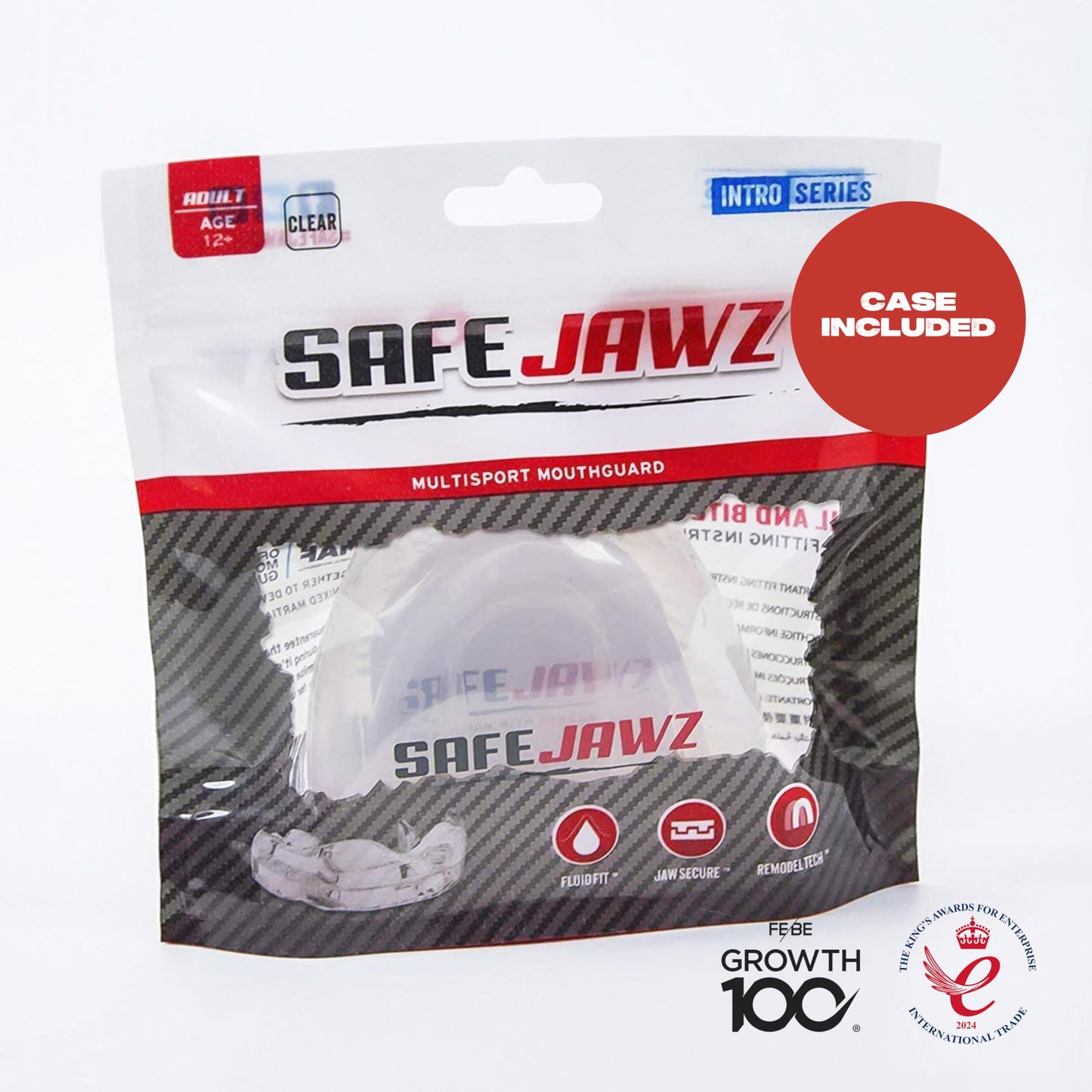 SAFEJAWZ Sports Mouthguard Slim Fit, Adult and Junior Mouth Guard with Case for Boxing, Basketball, Lacrosse, Football, MMA, Martial Arts, Hockey and All Contact Sports (Adult 12+ Years, Clear)