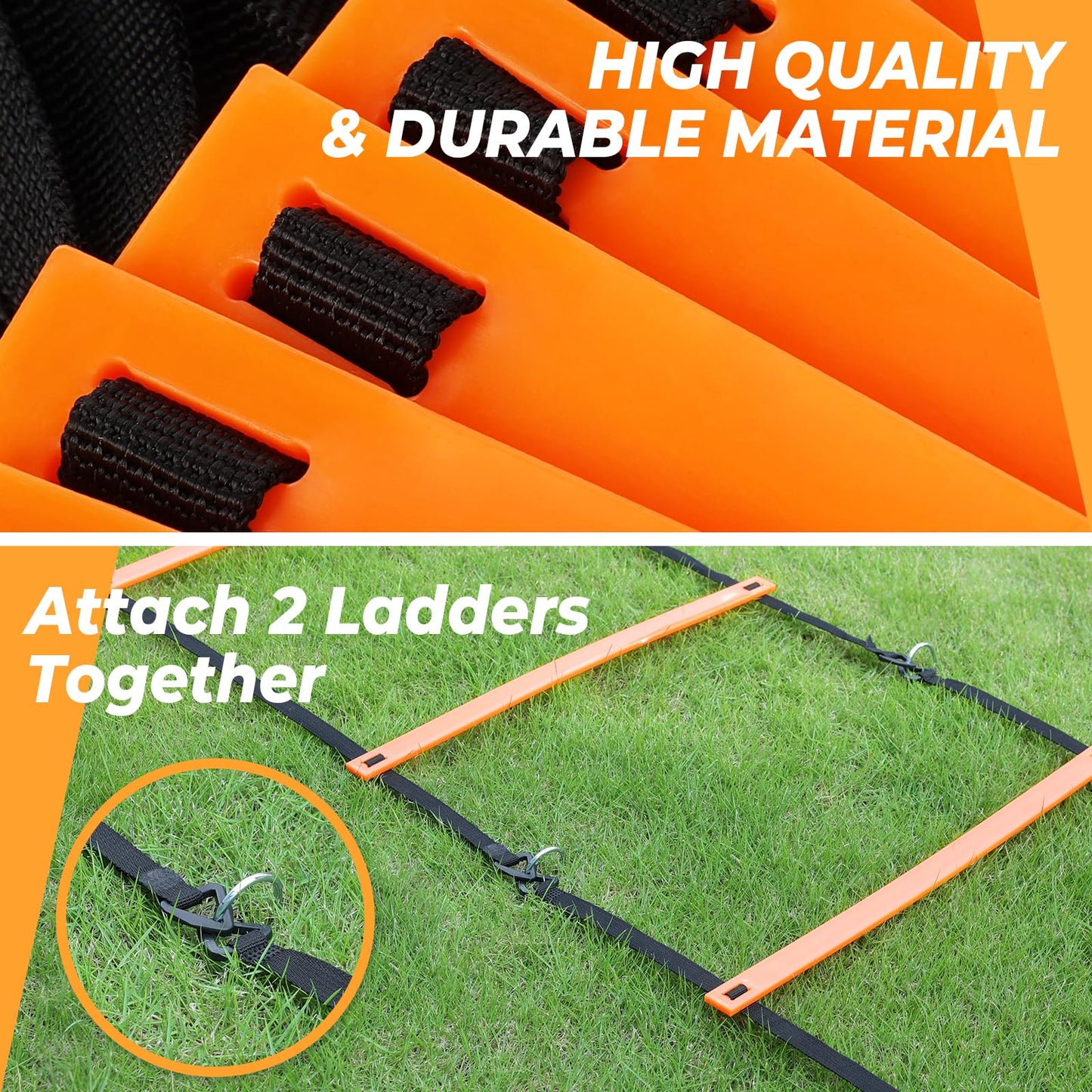 GHB Pro Agility Ladder Soccer Kick Trainer Set 20ft 12 Rung 10 Cones and 4 Stakes Speed Agility Football Training Equipment with Carrying Bag (Orange)