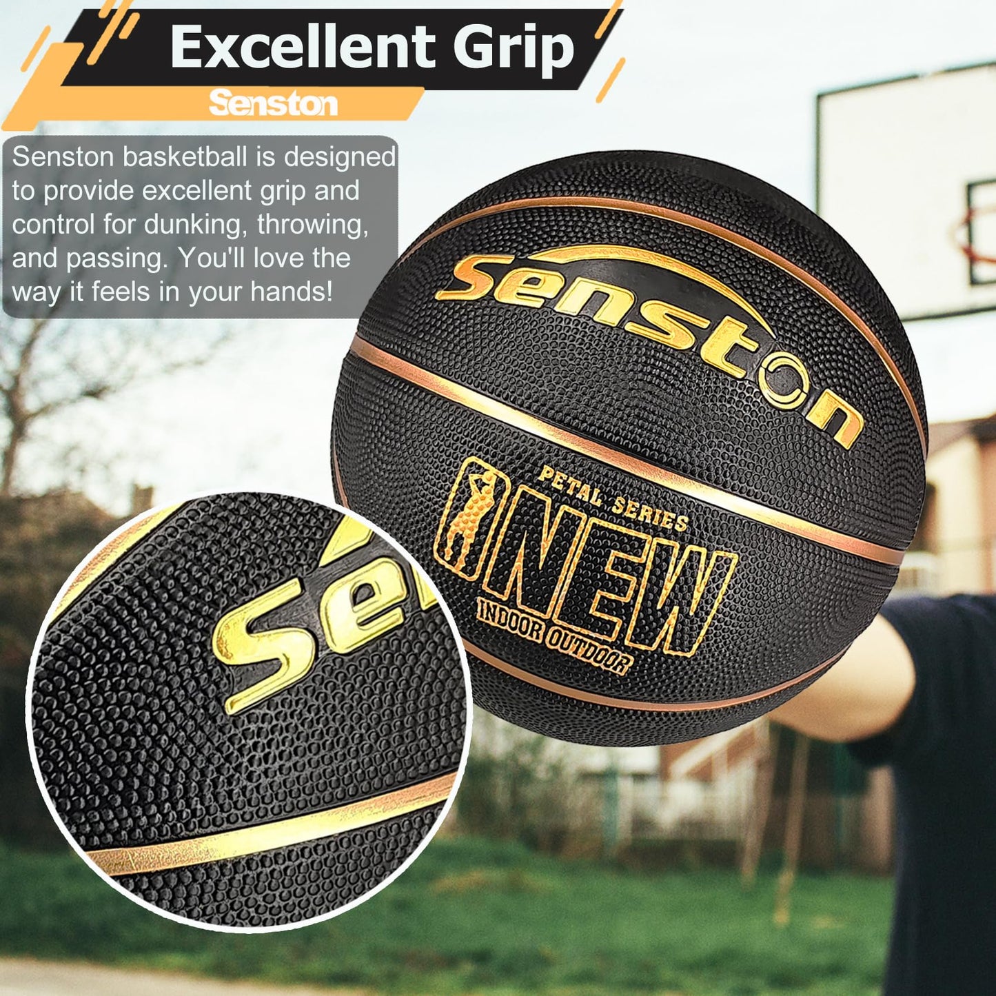Senston 29.5'' Basketball Outdoor Indoor Rubber Basketball Ball Official Size 7 Basketballs with Pump Black/Gold