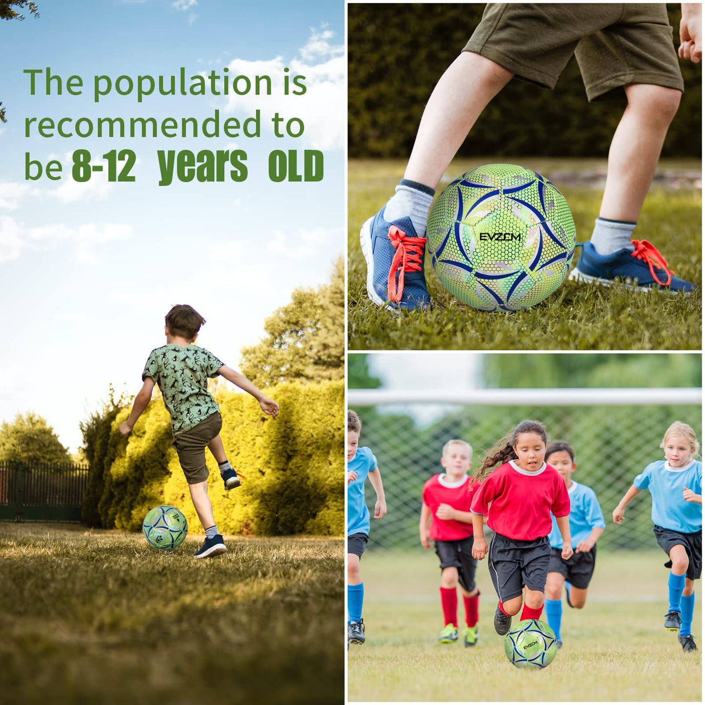 EVZOM Soccer Ball Luminous Official Match Game American Soccer Ball Size 4 for Boys, Girls, Kids Ages 8 to 12 Years Old Outdoors Indoors Sports Ball Training