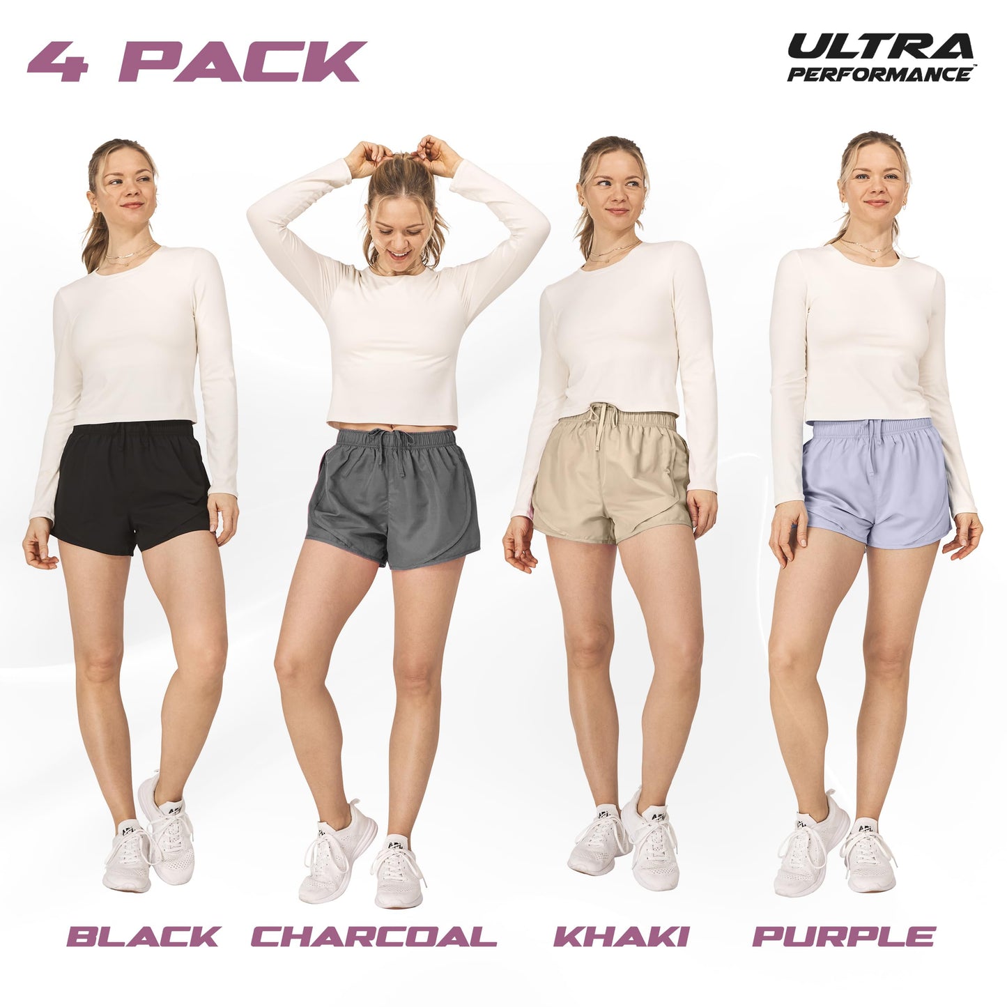 Ultra Performance Women's Running Shorts 4-Pack Athletic Workout Gym Shorts for Women, with Brief Liner