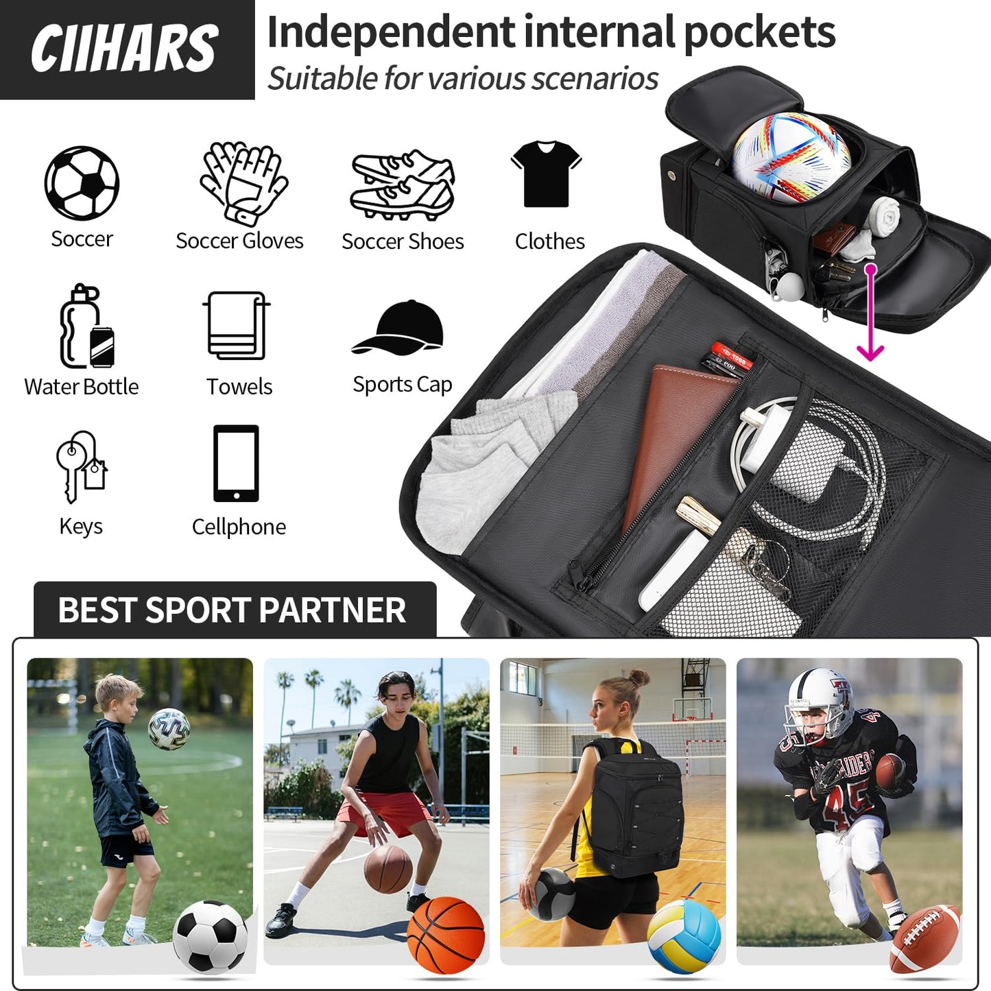 Ciihars Soccer Backpack,Soccer Bag with Ball Holder, Includes Separate Cleat Shoe and Ball Compartment Sport Equipment Bags Fit Basketball Volleyball Football (black)