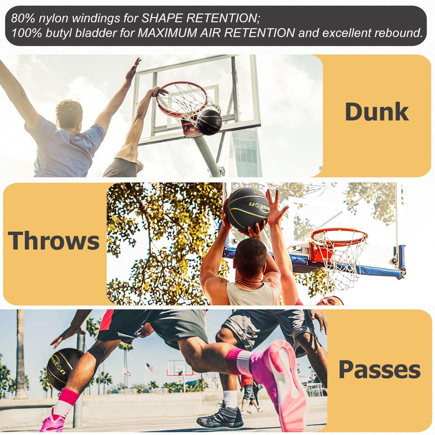 Senston 29.5'' Basketball Outdoor Indoor Rubber Basketball Ball Official Size 7 Basketballs with Pump Black/Gold
