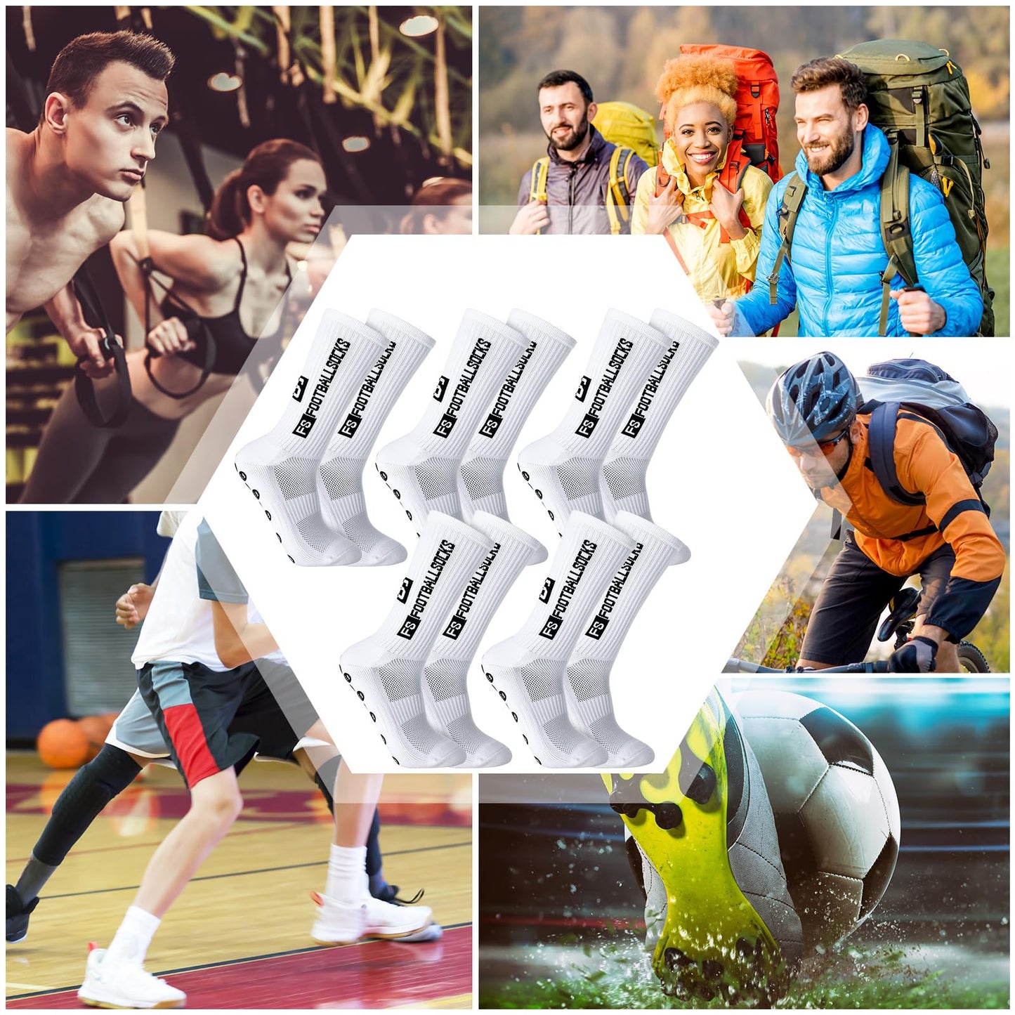 Jspupifip 5 Pairs Grip Soccer Socks for Men Anti Slip Athletic Socks Non-Slip Sports Football Basketball Socks with Grip Pads (White)
