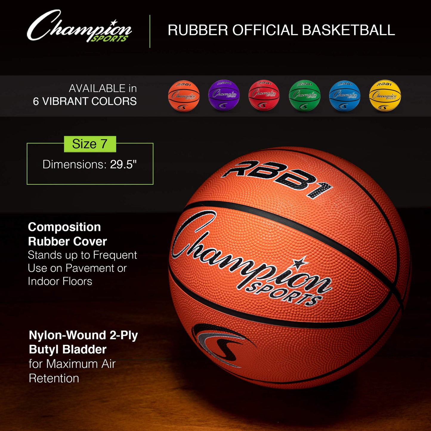 Champion Sports Rubber Official Basketball, Heavy Duty - Pro-Style Basketballs, Various Sizes - Premium Basketball Equipment, Indoor Outdoor - Physical Education Supplies (Size 7, Orange)