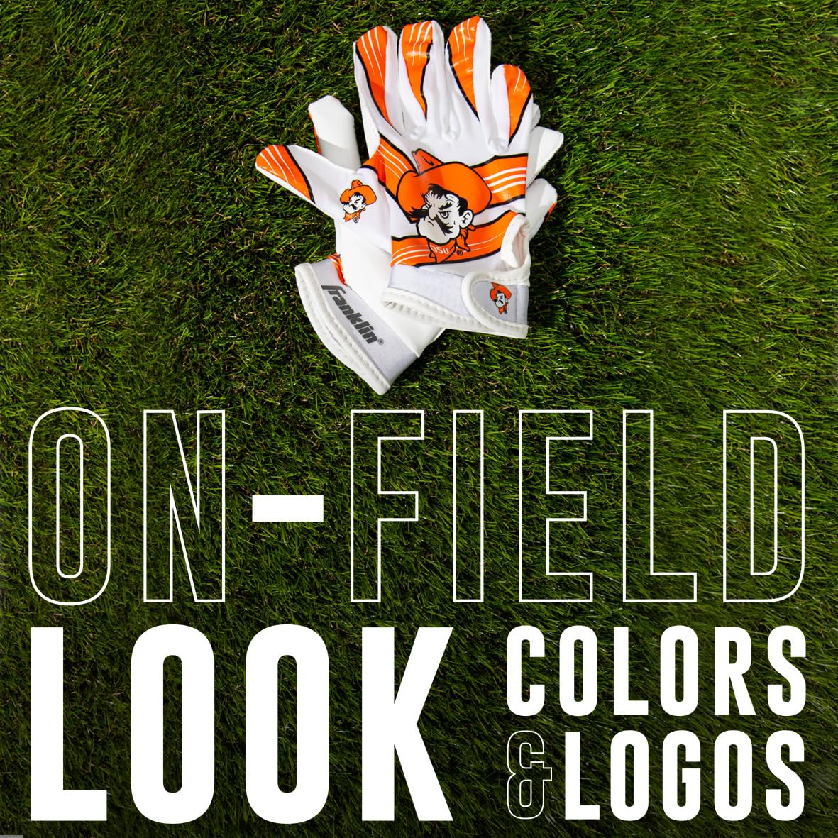 Franklin Sports Oklahoma State Cowboys Kids Football Receiver Gloves - Youth Official NCAA College Team Football Gloves - Silicone Palm - for Kids Ages 7-10 - Youth Small/Extra Small