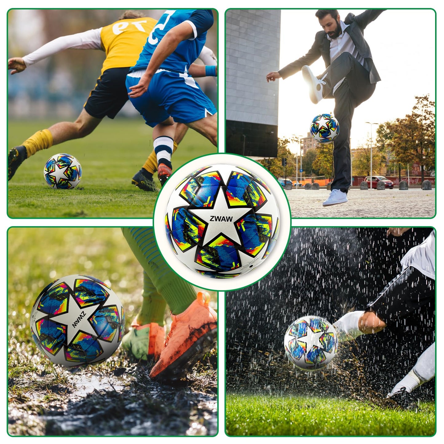 ZWAW Size 5 Soccer Ball, Waterproof PU Leather, Official Match Ball, with Pump & Needles
