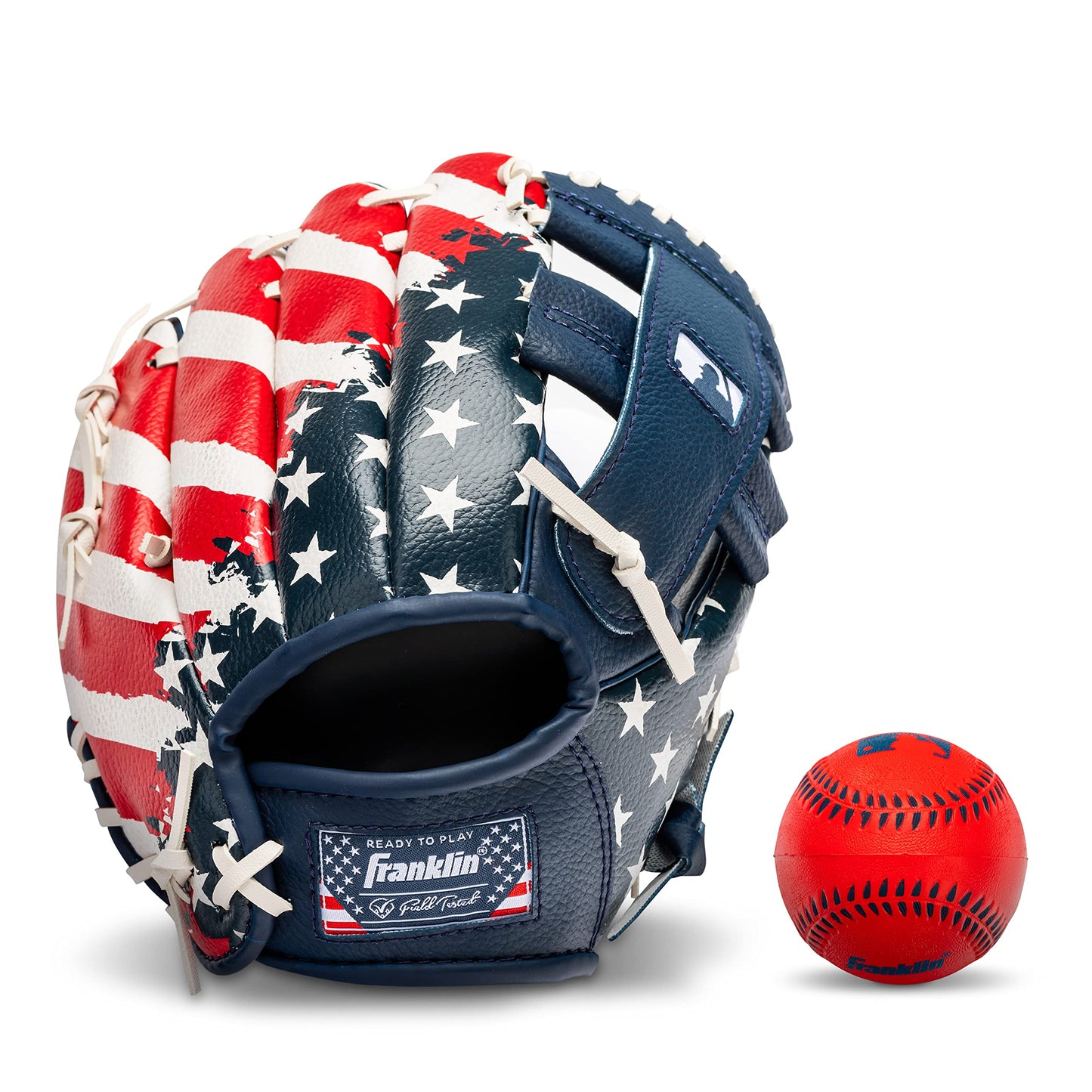 Franklin Sports Tee Ball Glove - Right Handed Youth Fielding Glove - MLB® Synthetic Leather Baseball Glove - Ready to Play Glove (RTP) - 9.5 Inch Right Hand Throw - MLB® USA with Ball, Red/White/Blue