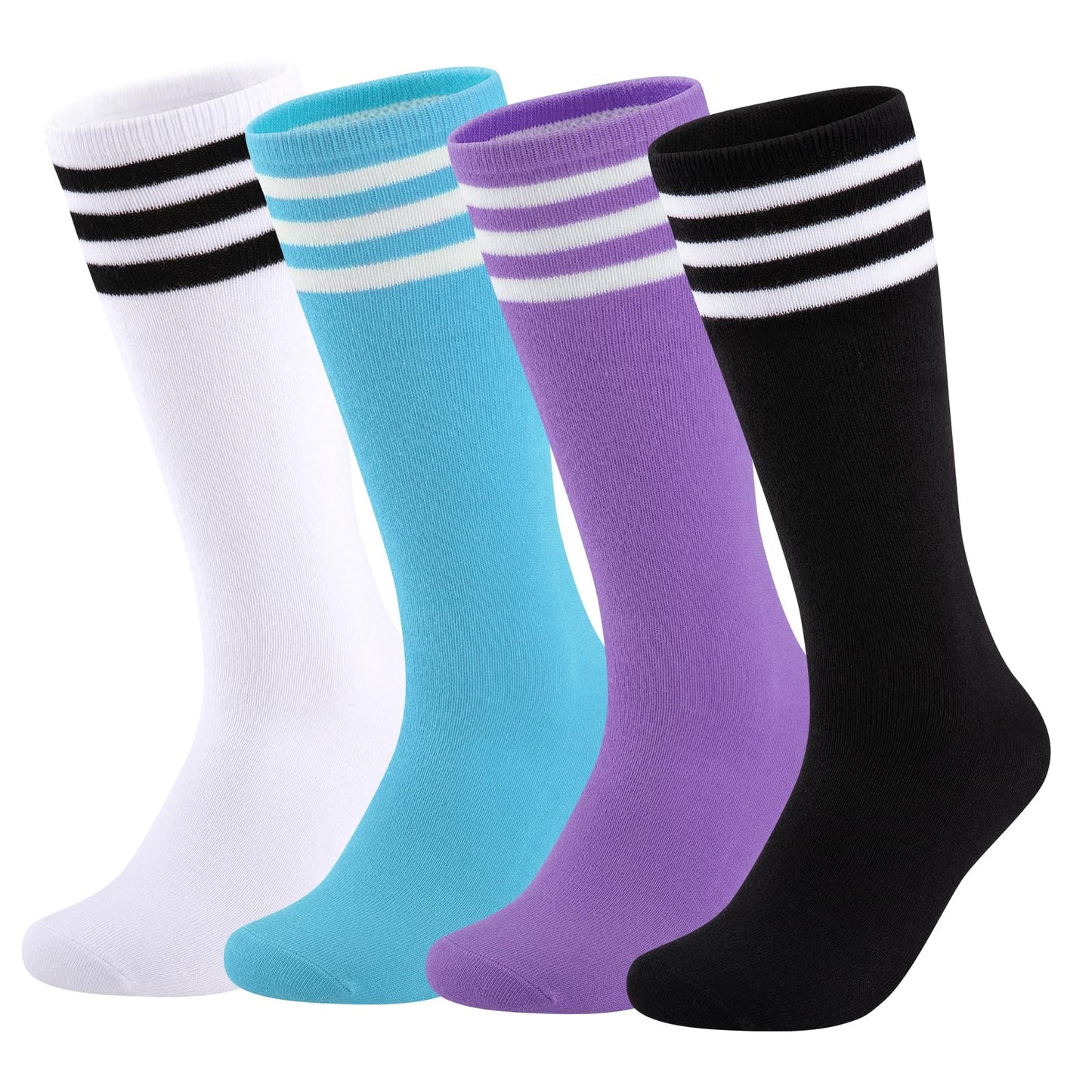Comfoex Kids Soccer Socks 4 Pairs Girls Baseball Football Sports Tall Socks With Cotton Stripes Girls Knee High Socks