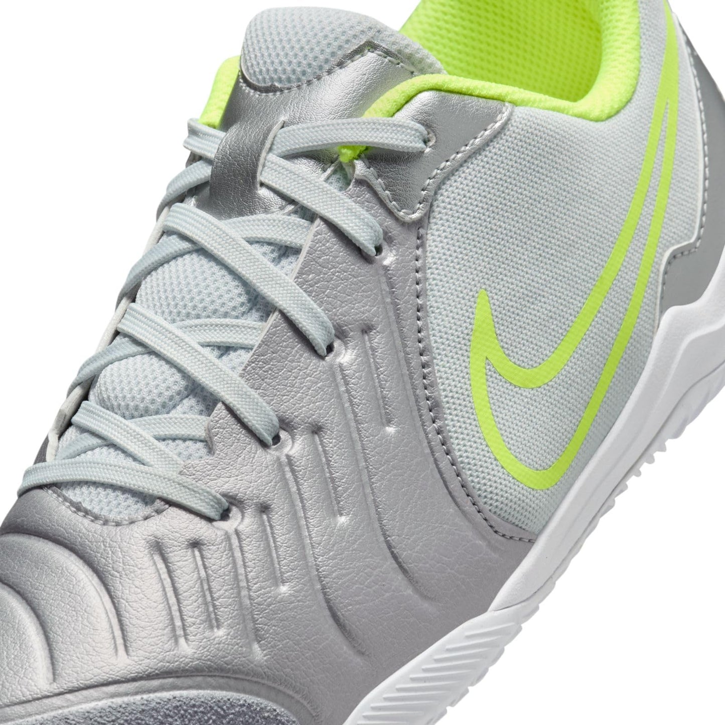 Nike Jr. Tiempo Legend 10 Academy Little/Big Kids' Indoor/Court Low-Top Soccer Shoes (DV4350-001, Metallic Silver/Volt/Black) Size 5.5
