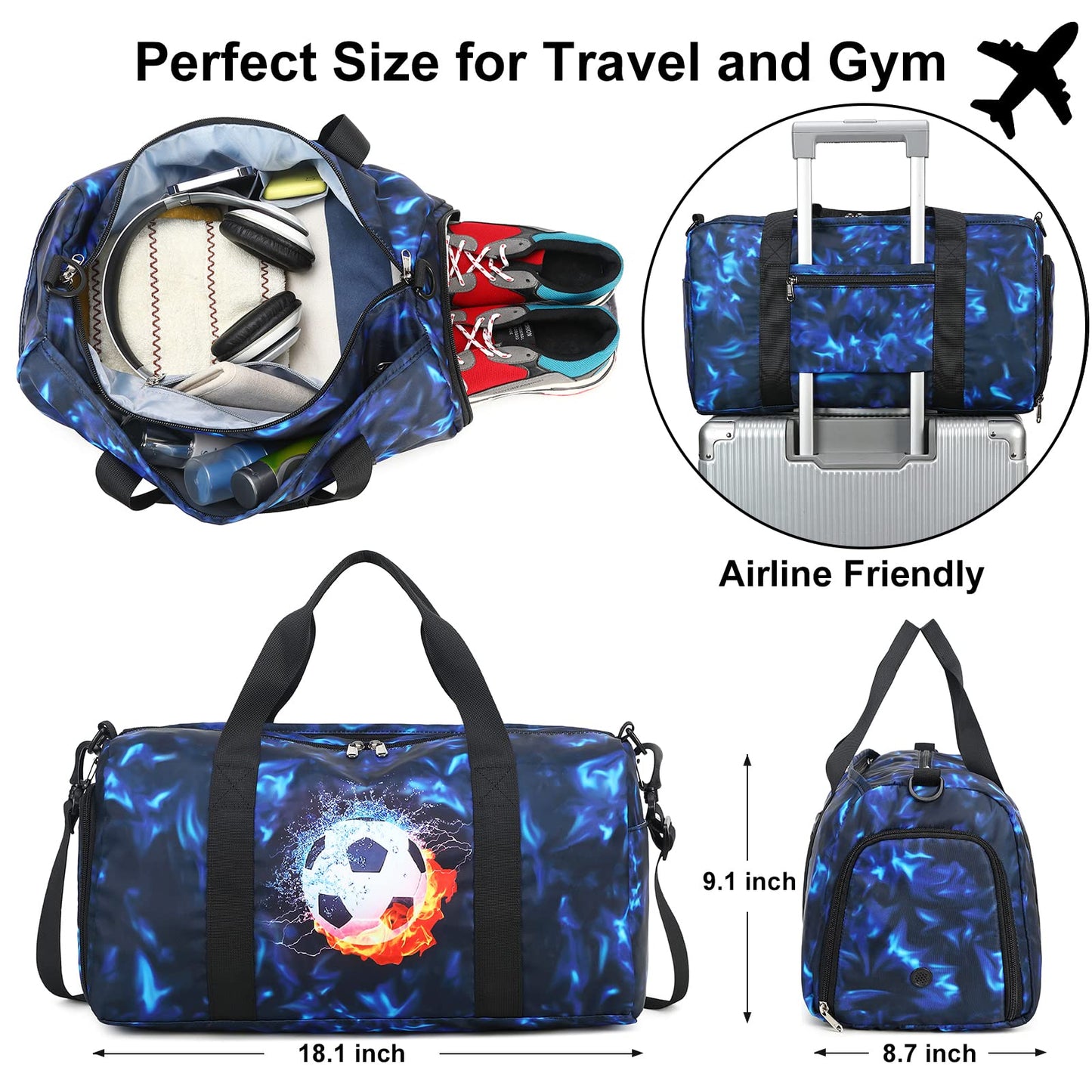 Kids Duffle Bag Boys Girls Overnighter Travel Sport Gym Bag Weekender Carry On Shoulder Bag with Shoe Compartment & Wet Pocket (Soccer Black Blue)