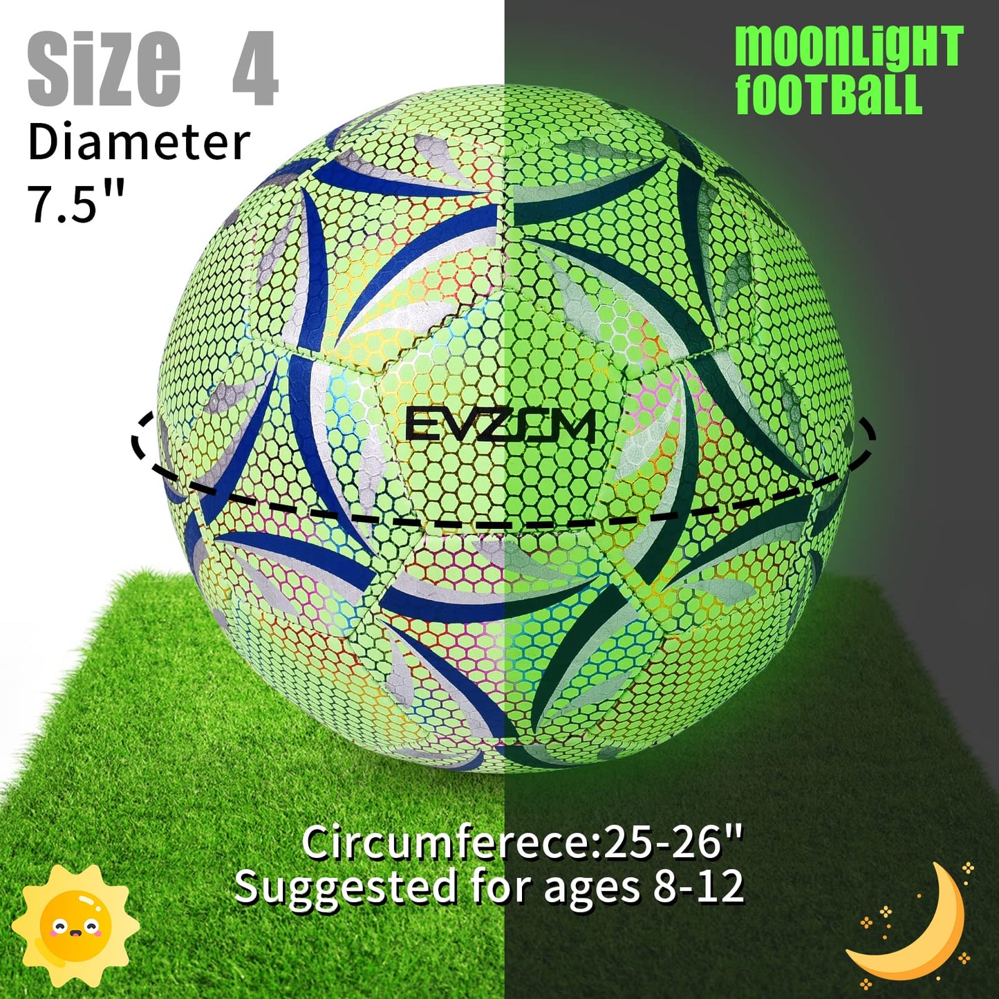 EVZOM Soccer Ball Luminous Official Match Game American Soccer Ball Size 4 for Boys, Girls, Kids Ages 8 to 12 Years Old Outdoors Indoors Sports Ball Training