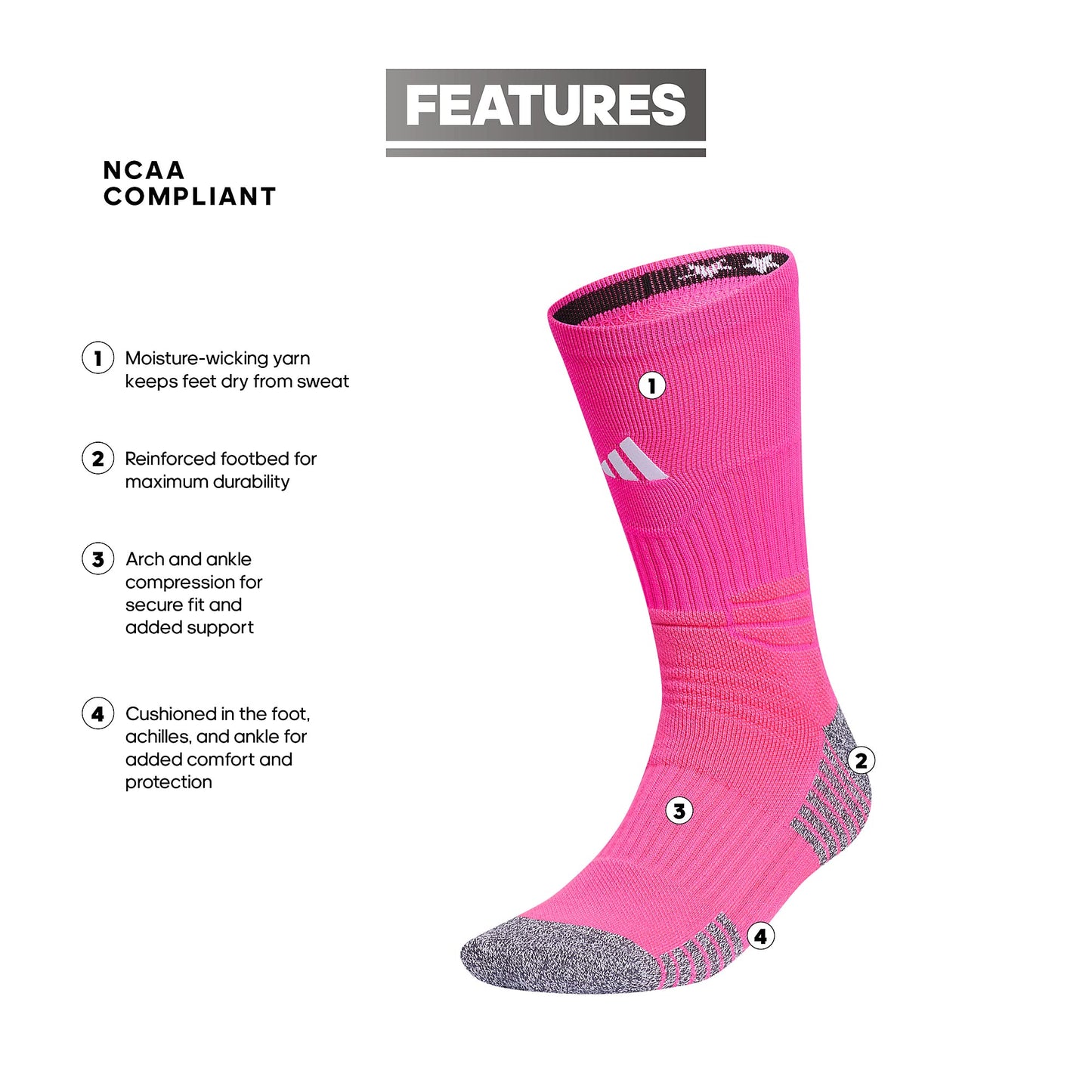 adidas 5-Star Football Crew Socks for Men's and Women's Sports, Soccer, Volleyball, 1-Pack, Team Shock Pink/White/2.0, Medium