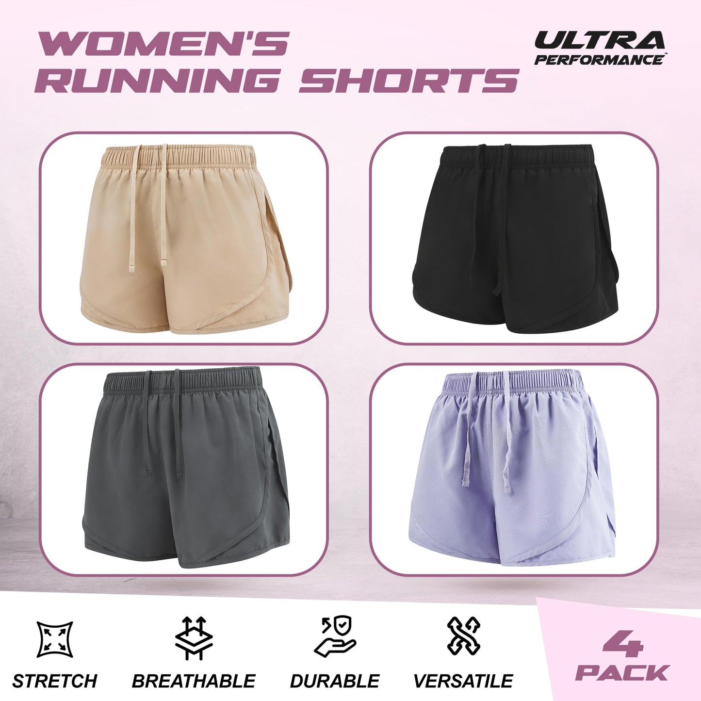 Ultra Performance Women's Running Shorts 4-Pack Athletic Workout Gym Shorts for Women, with Brief Liner