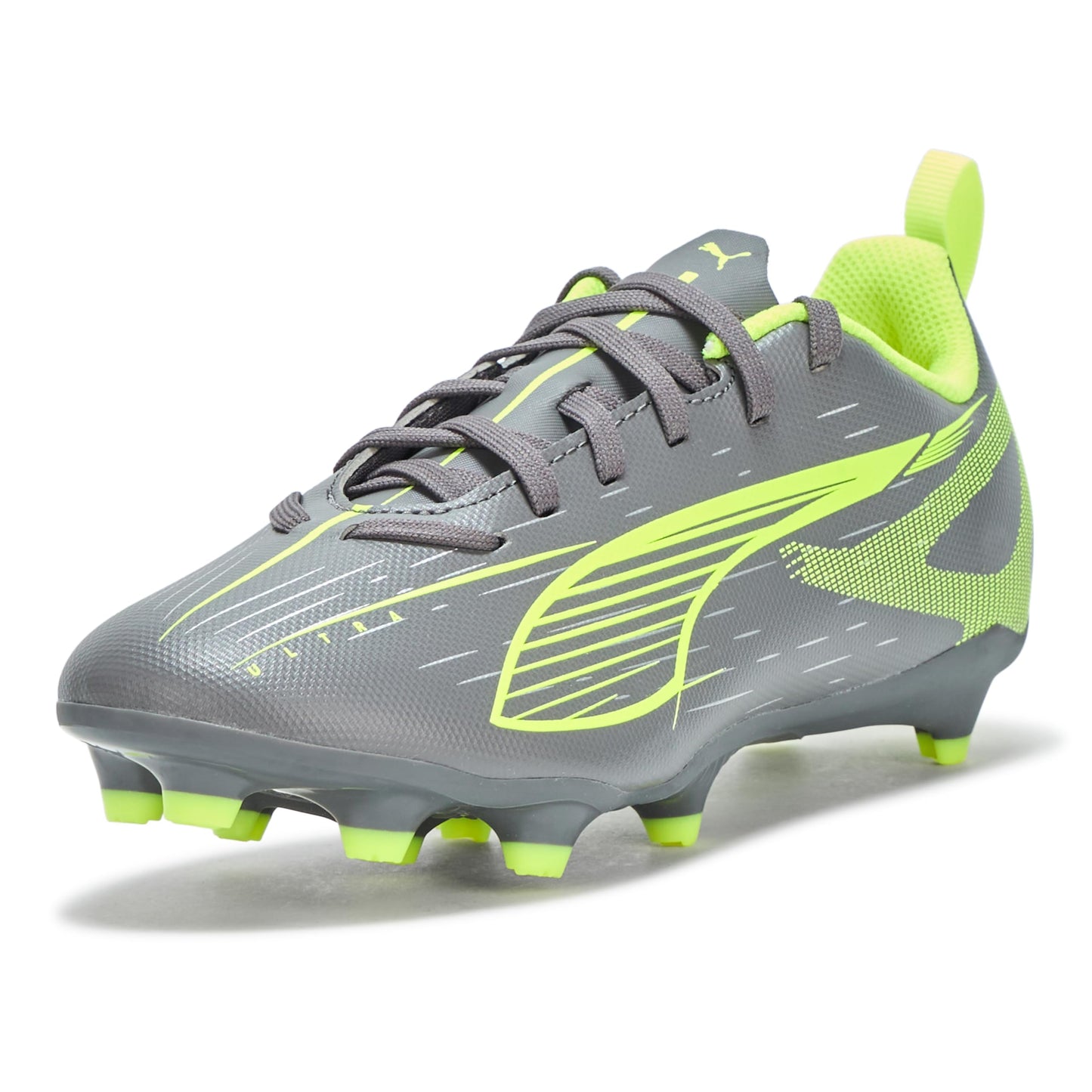 PUMA Ultra Play Firm, Artificial Ground Soccer Cleats Sneaker, Matte Aged Silver-Yellow Alert Aged Silver, 5 US Unisex Big Kid