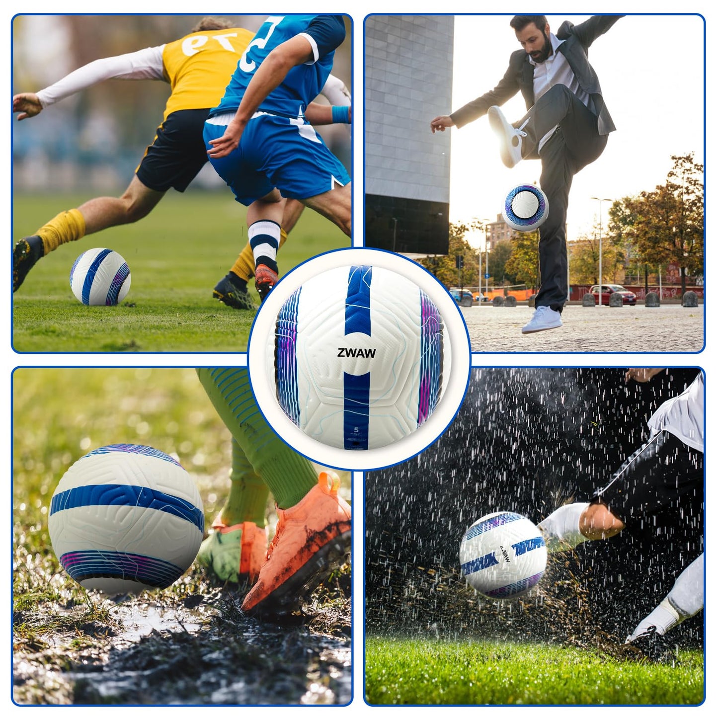 ZWAW Official Match Soccer Ball Size 5 – Waterproof PU Leather, Includes Pump & Needles, Mesh Storage Bag for Easy Carry