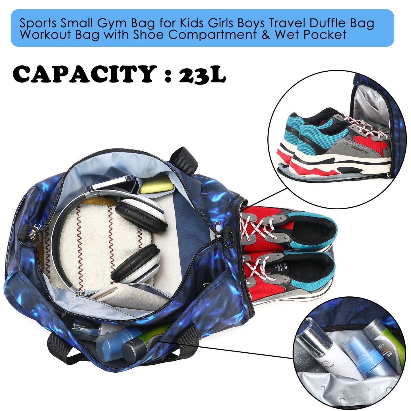 Kids Duffle Bag Boys Girls Overnighter Travel Sport Gym Bag Weekender Carry On Shoulder Bag with Shoe Compartment & Wet Pocket (Soccer Black Blue)