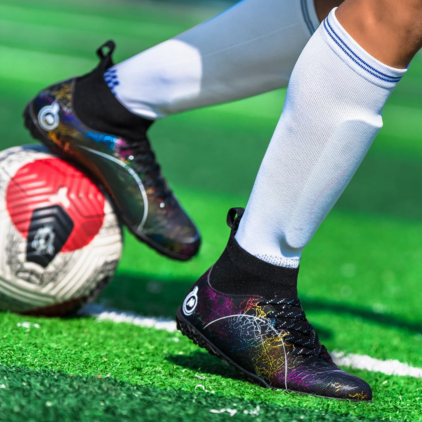 JUNNMRE Mens Womens Soccer Cleats Youth Soccer Shoes Football Shoes High-Top Football Cleats Outdoor/Indoor Athletic Shoes Sneakers BlackTF,7.5 Women/6.5 Men