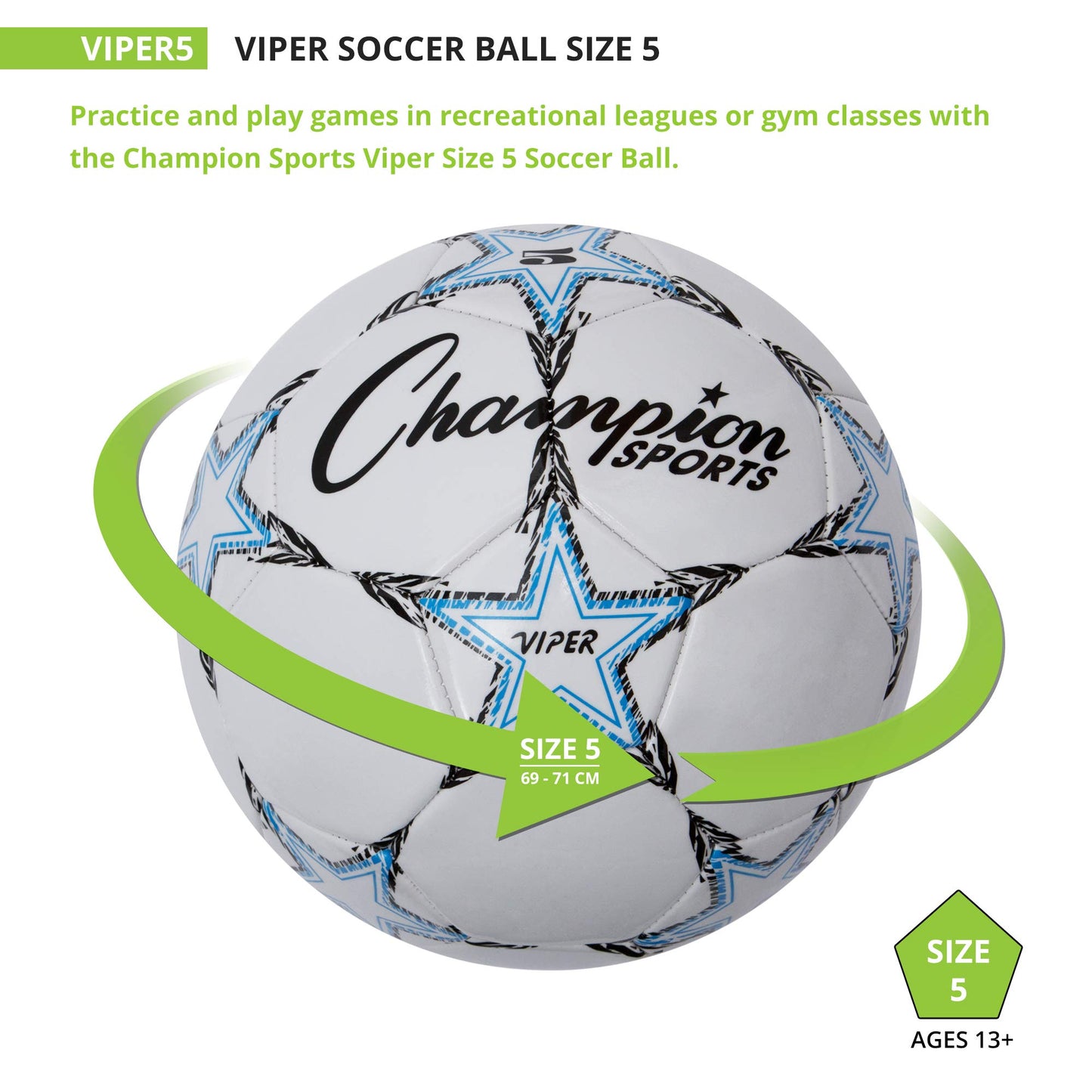 Champion Sports Viper Soccer Ball, Size 5 – Soft Touch TPU Cover, Airlock Bladder – Ages 12 & Up – Blue/Black/White