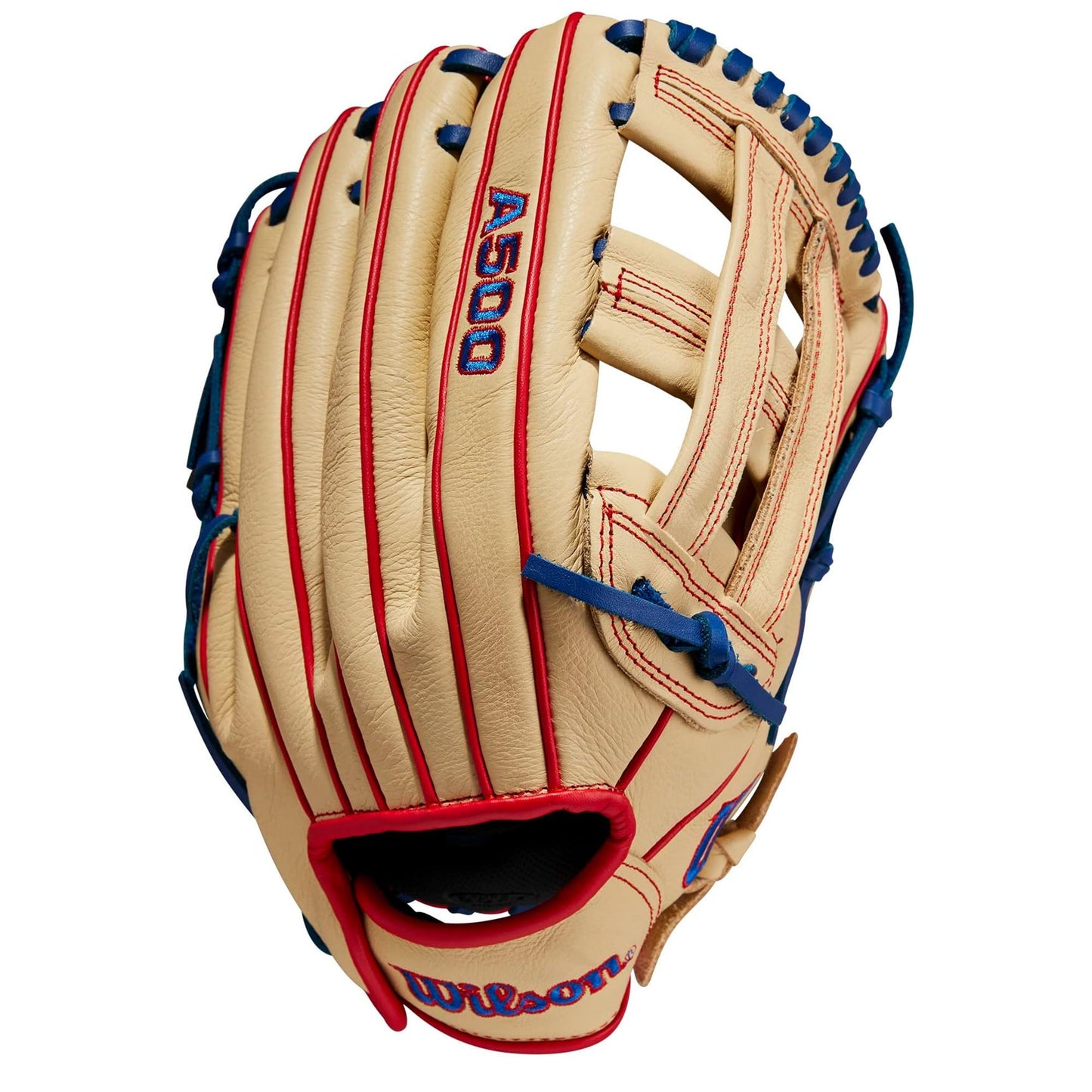 WILSON A500 12” Utility Youth Baseball Glove - Right Hand Throw, Blonde/Red/Royal