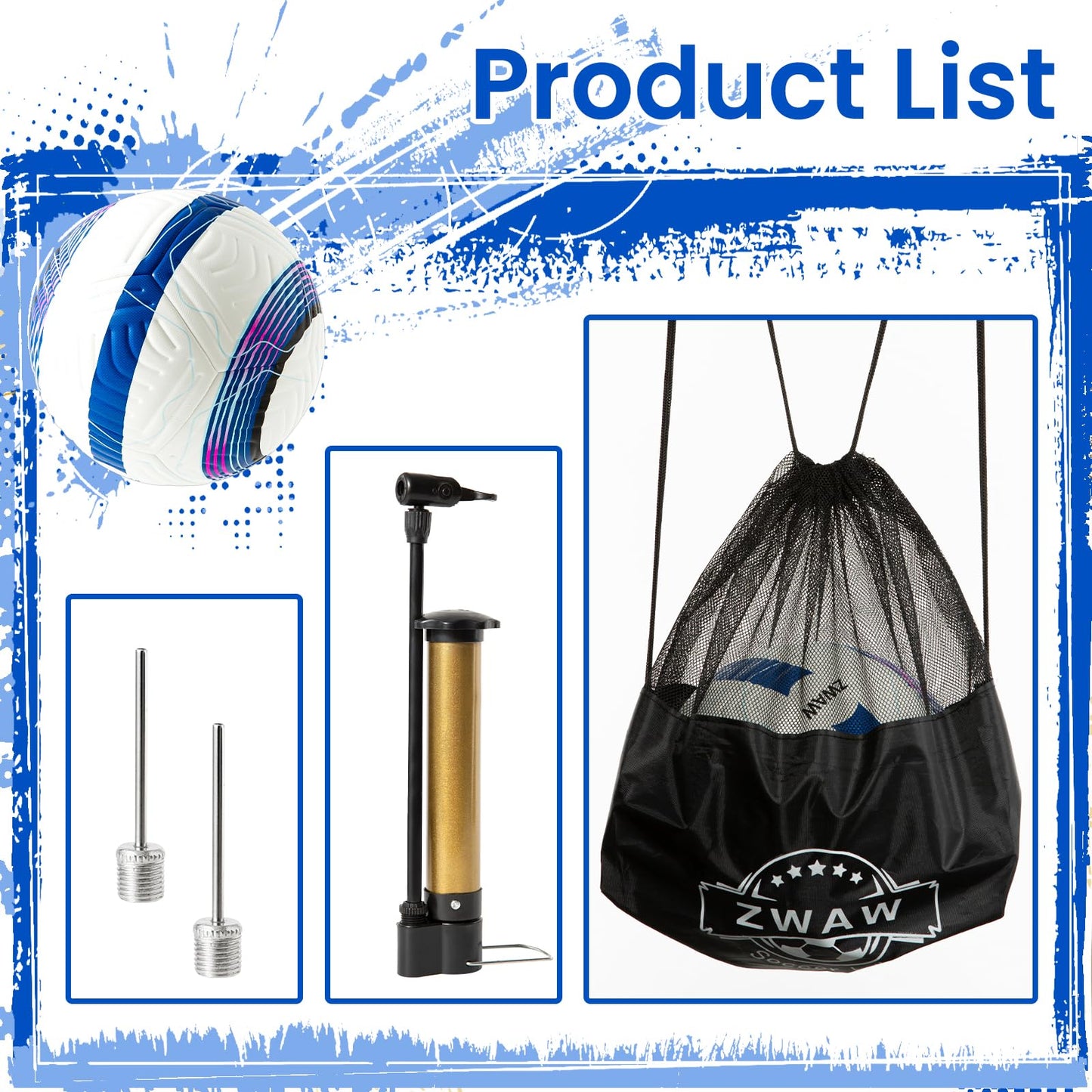 ZWAW Official Match Soccer Ball Size 5 – Waterproof PU Leather, Includes Pump & Needles, Mesh Storage Bag for Easy Carry
