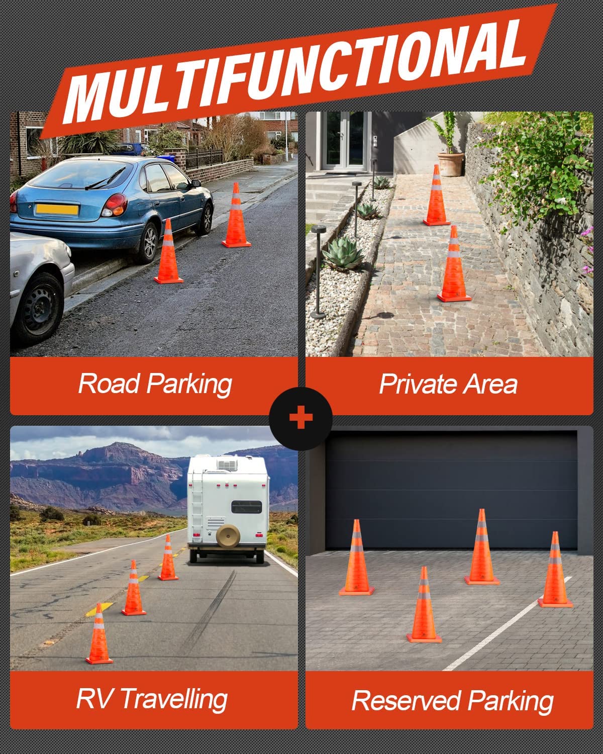 RoadHero 18 Inch 4 Pack Collapsible Traffic Safety Cones, Multi Purpose Pop-up Cones with Reflective Collar for Road Safety, Orange Cones for Driving Training, Parking Lots