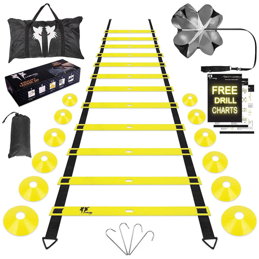 LYKAN FIT 20ft Sports Agility Ladder for Men Women and Kids, Speed Youth Soccer Agility Training Equipment for Football, Exercise, Tennis, Legs Workout with Speed Parachute, Cones and Carry Bag