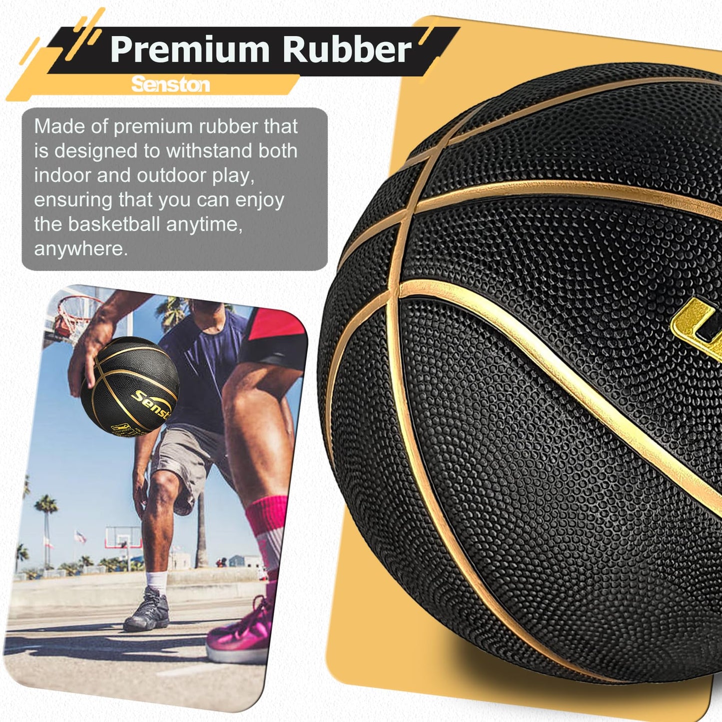 Senston 29.5'' Basketball Outdoor Indoor Rubber Basketball Ball Official Size 7 Basketballs with Pump Black/Gold