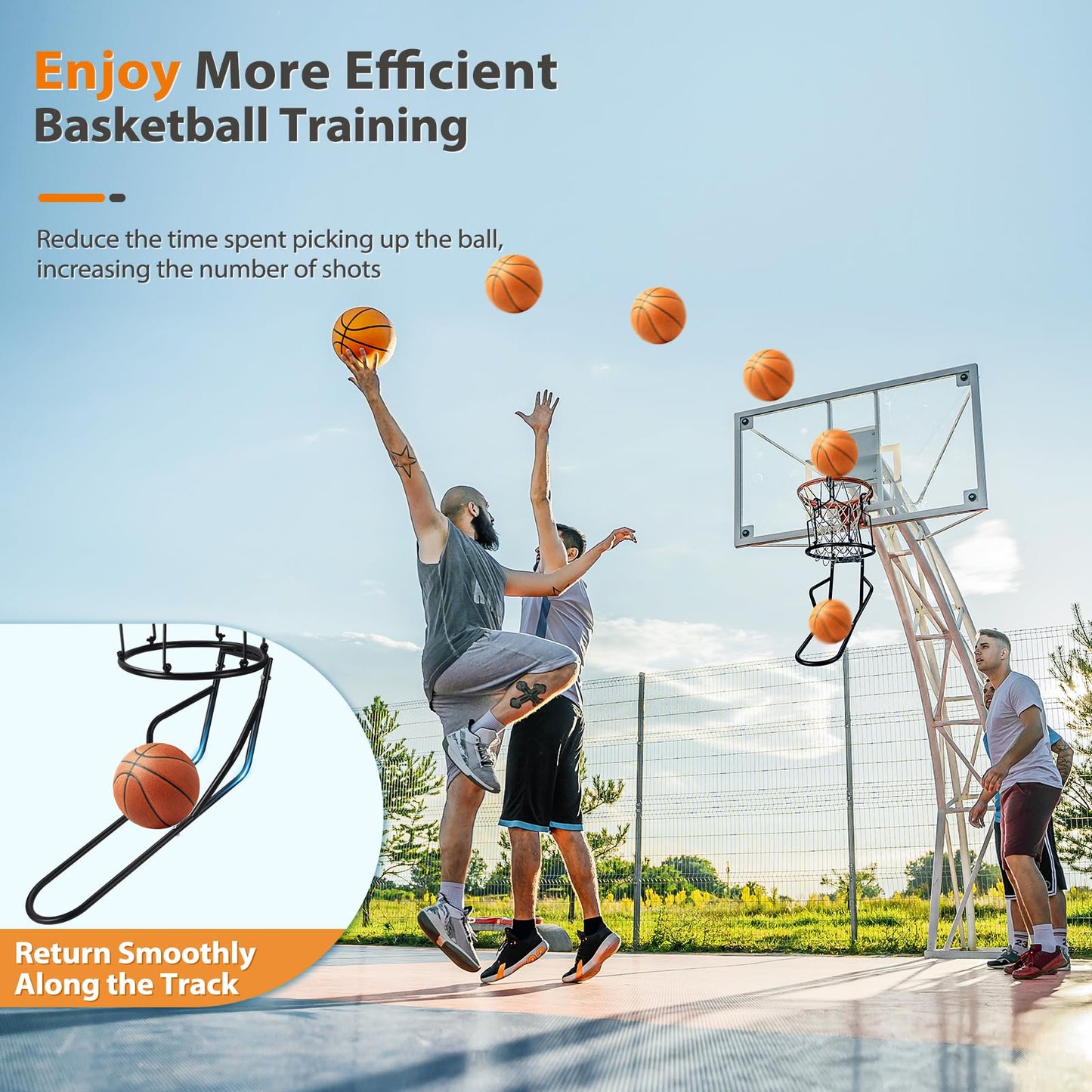 GADFISH Basketball Return Attachment, Heavy Duty Basketball Rebounder with 3 Stable Large Hooks, Durable Basketball Accessories for 18" Rim Basketball Training, Black