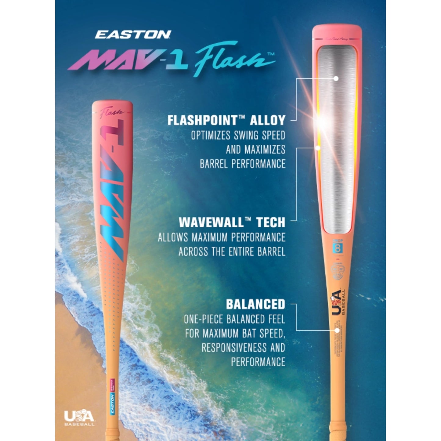 Easton | 2026 | MAV1 Flash Baseball Bat | USA | -8 Drop | 2 5/8" Barrel | 1 Pc. Alloy | 31 Inch