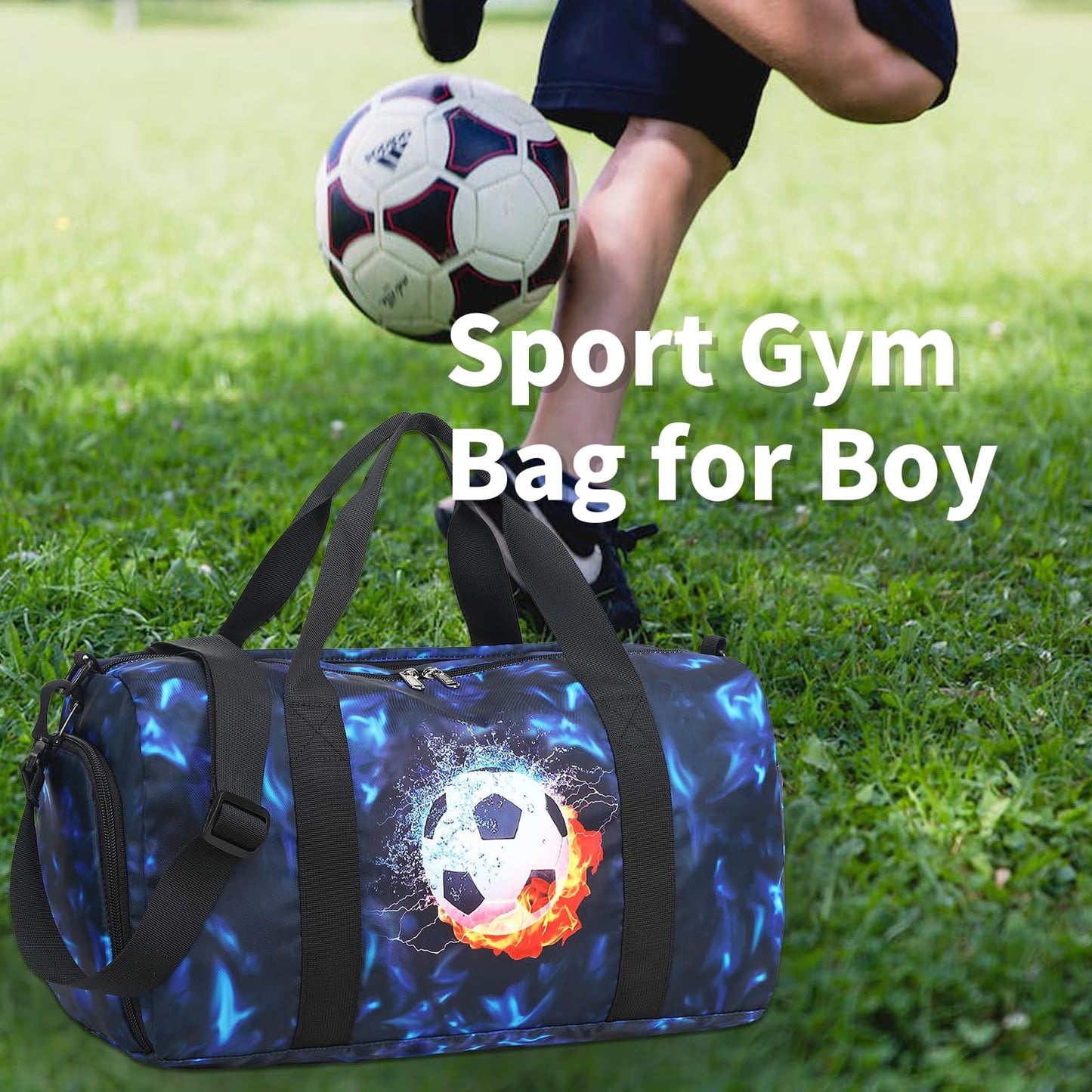Kids Duffle Bag Boys Girls Overnighter Travel Sport Gym Bag Weekender Carry On Shoulder Bag with Shoe Compartment & Wet Pocket (Soccer Black Blue)