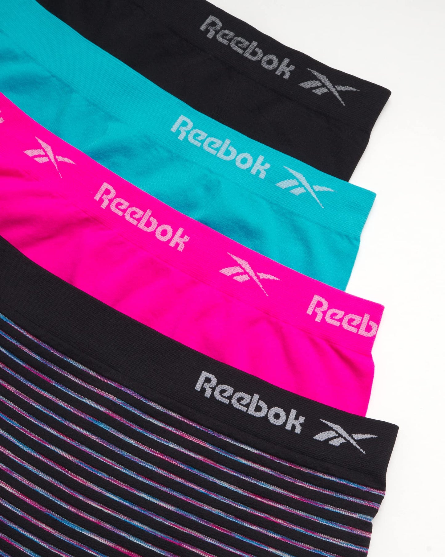 Reebok Girls' Boyshorts Underwear - 4 Pack Soft Seamless Long Leg Boy Shorts - Playground Shorts for Girls (6-16), Size 8-10, Black/Aqua/Hot Pink/Multi Stripes