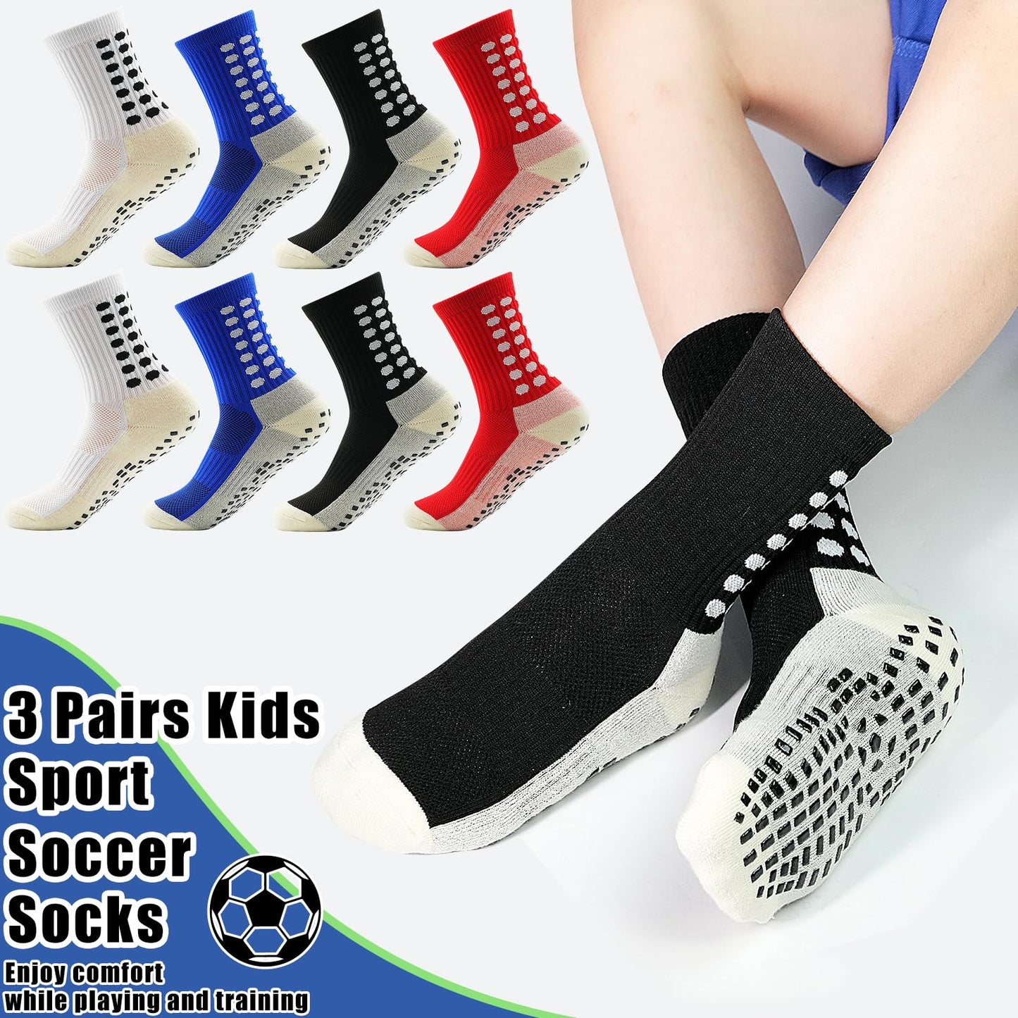 HYCLES Kids Grip Soccer Socks, 3 Pairs Youth Non Slip Athletic Cotton Cushioned Socks for 8-12 Years Boys Girls
