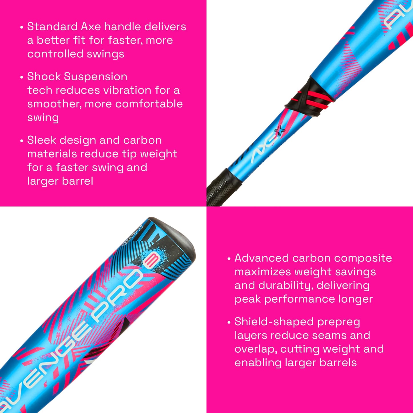 Axe Avenge Pro 3 Composite USA Baseball Bat | Drop -10 | 3-Piece Hybrid | 2 5/8" Barrel | Standard Axe Handle | Light Swinging Large Barrel for Youth Players | Blue/Pink (30")