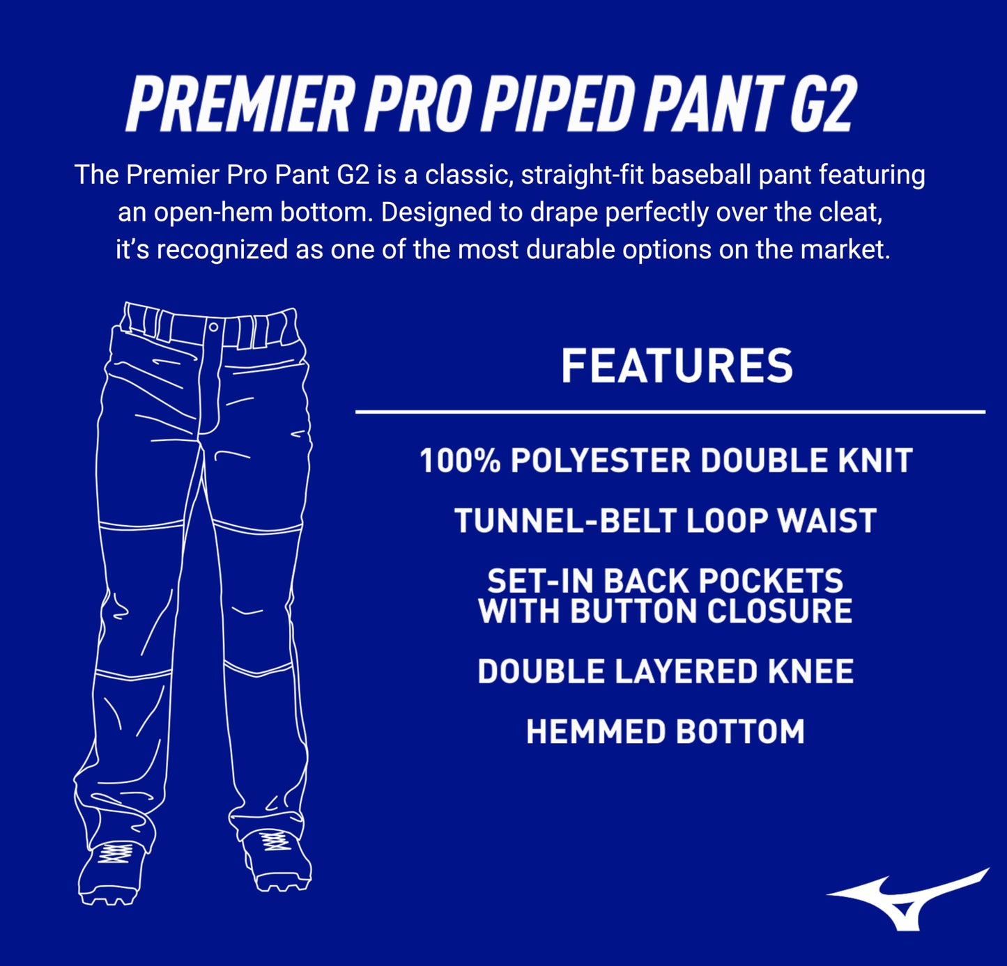 Mizuno Adult Men's Premier Pro Piped G2 Baseball Pant, White-Royal, Medium
