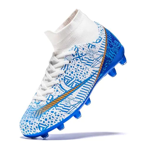 oTzTTzTo Kids Soccer Cleats Boys Girls Firm Ground Professional Athletic Outdoor Football Shoes White-Blue