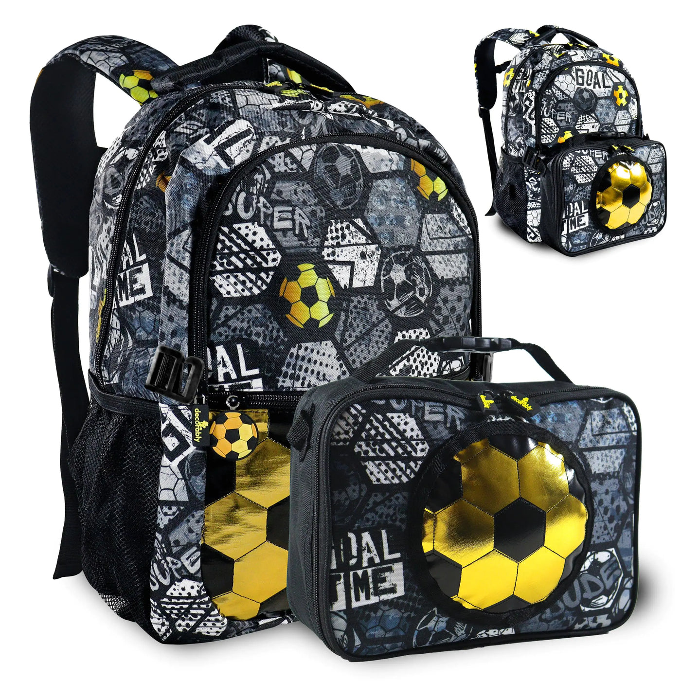 Decorably Backpack with Lunch Bag for Kids 2Pc Set Boys Soccer Backpack Lunch Bag with Metallic Black & Gold Design School Backpack 4-6 Soccer with Lunch Bag Soccer Backpack for Boys with Lunch Box