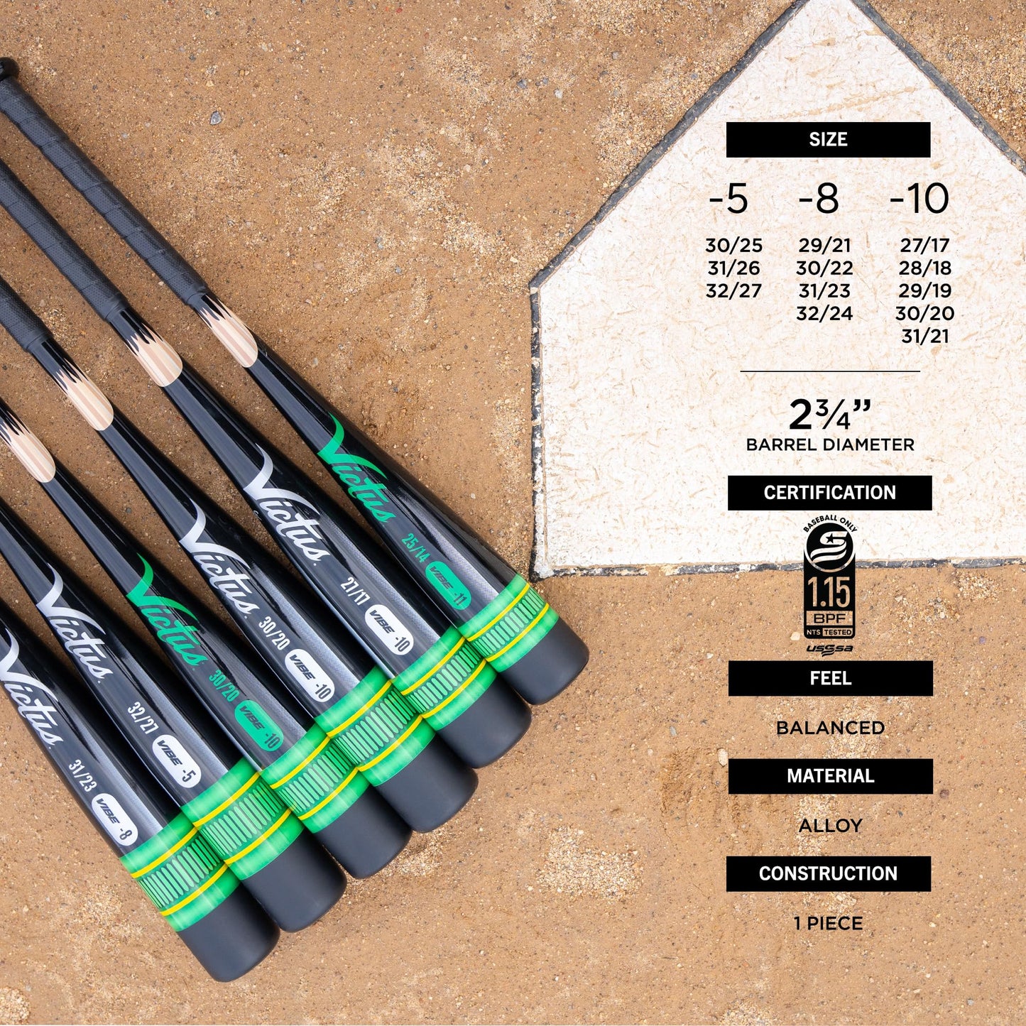 Victus Vibe Pencil Senior Baseball Bat, 2 3/4" Barrel, -5, -8, -10 Drop, USSSA