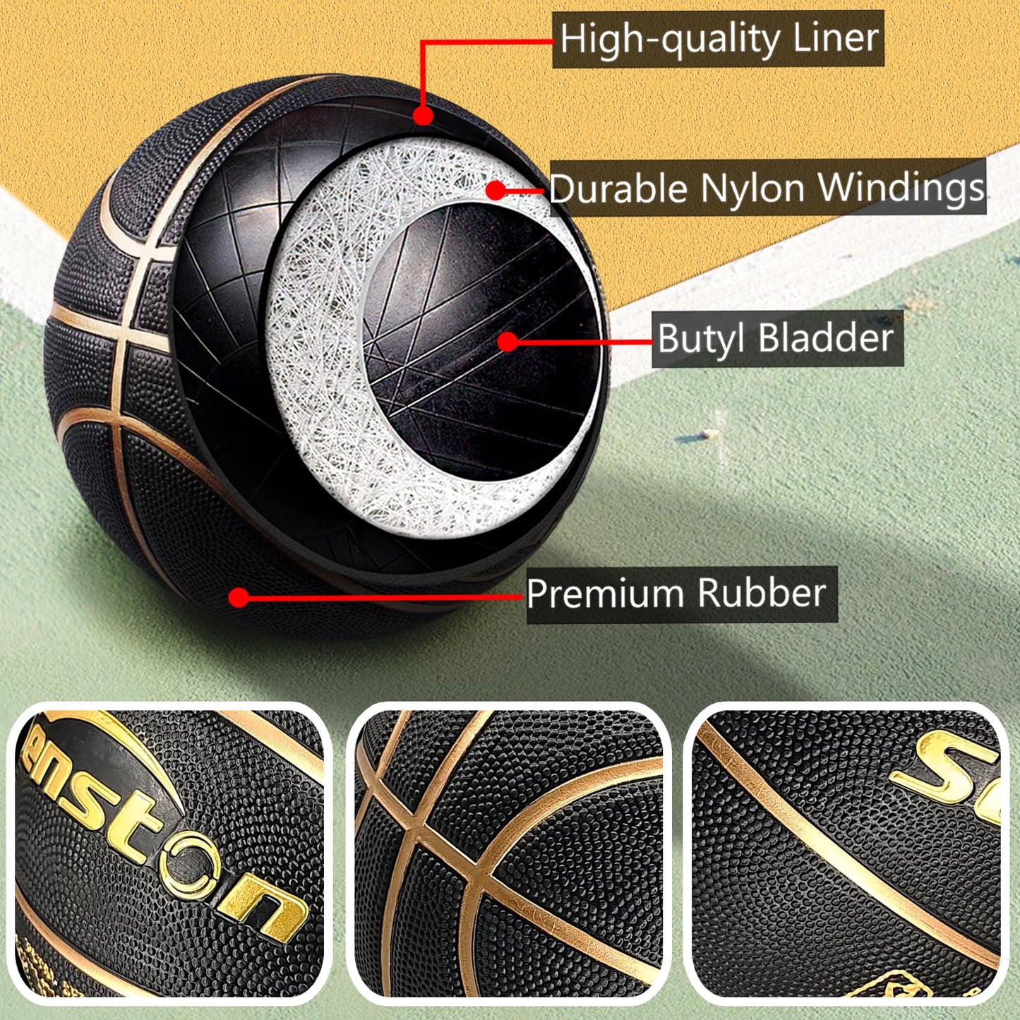 Senston 29.5'' Basketball Outdoor Indoor Rubber Basketball Ball Official Size 7 Basketballs with Pump Black/Gold