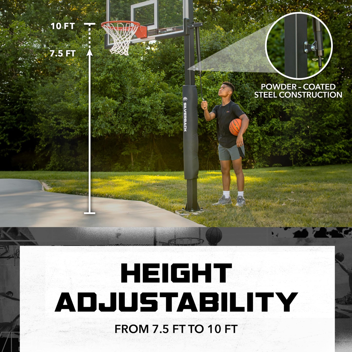 Silverback 60" In-Ground Basketball System with Adjustable-Height Tempered Glass Backboard and Pro-Style Breakaway Rim