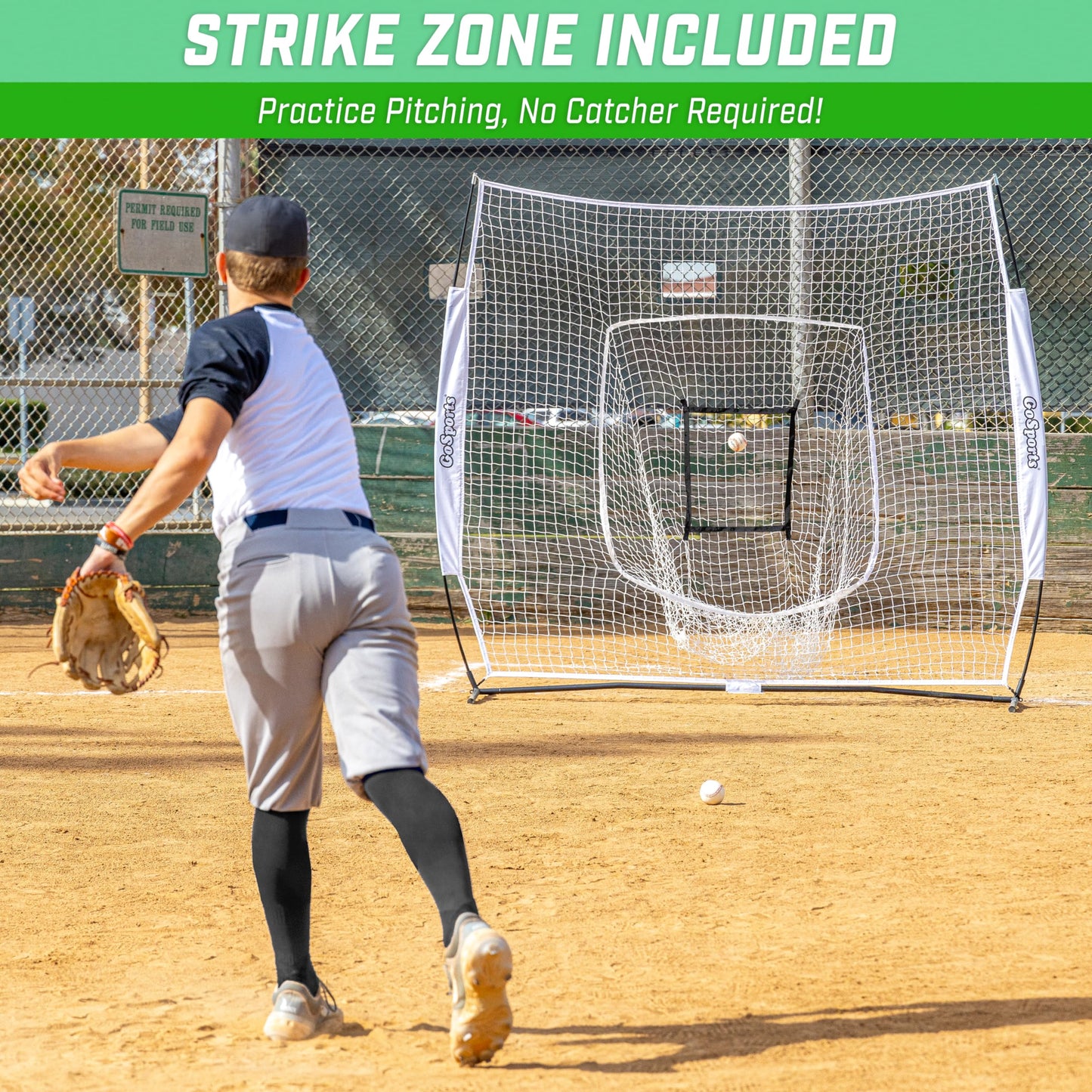 GoSports 7x7 ft Baseball & Softball Batting & Pitching Net with Strike Zone – Available in Team Colors - White