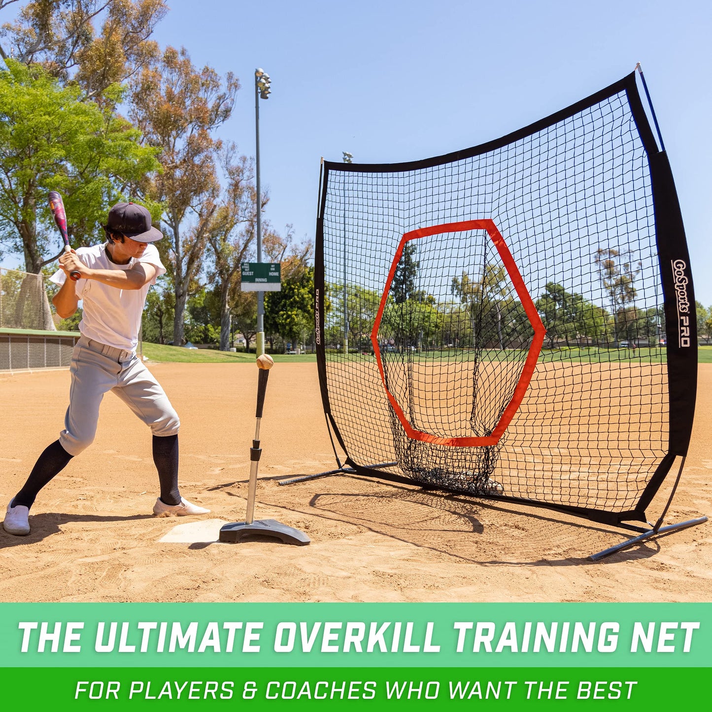 GoSports 7 ft x 7 ft PRO Baseball & Softball Practice Hitting & Pitching Net with Bow Type Frame, Carry Case and Strike Zone, Ultimate Training Net