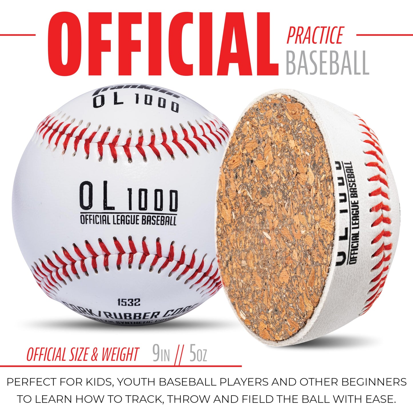 Franklin Sports Official Size Baseballs - 9" Baseballs - OL1000 Baseballs - Great for Practice + Training - Official Size + Weight - 1 Pack or 6 Pack, White