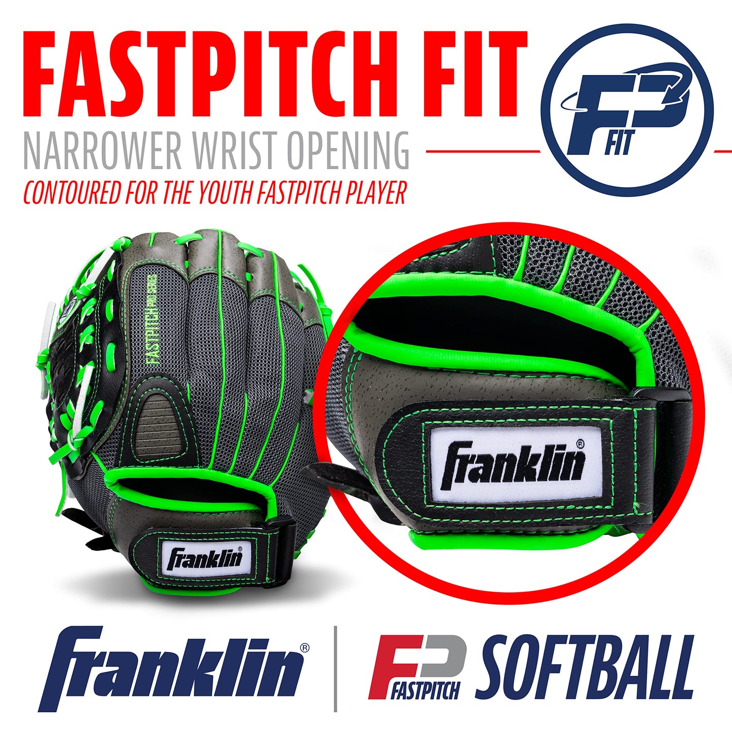 Franklin Sports Girls Softball Glove - Women's Windmill Fastpitch + Slowpitch Softball Glove - Green Mitt - Left Hand Throw Adult + Youth - 12"