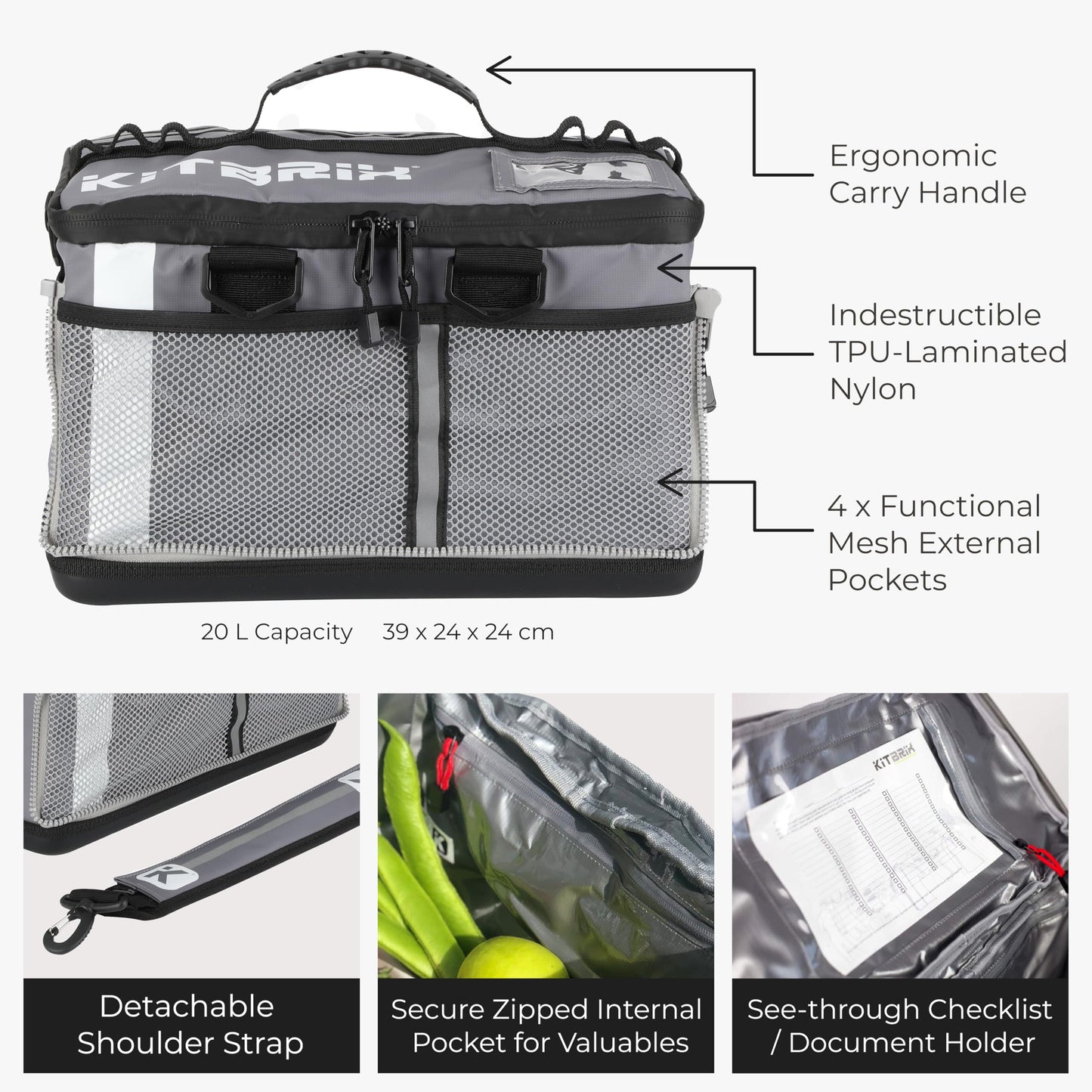 KitBrix Waterproof Sports Duffel Bag, Personal Item Travel Bag 15.3" x 9.4" x 9.4" - Solid Base - Built for Wet, Muddy Gear - Multi-Use Swimming, Gym, Soccer, Camping, Triathlon Transition Bag - Grey