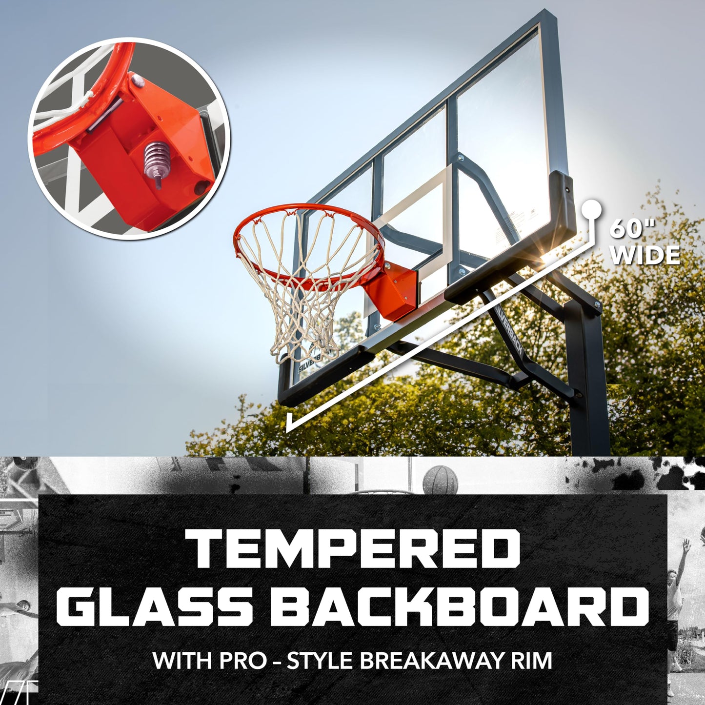 Silverback 60" In-Ground Basketball System with Adjustable-Height Tempered Glass Backboard and Pro-Style Breakaway Rim