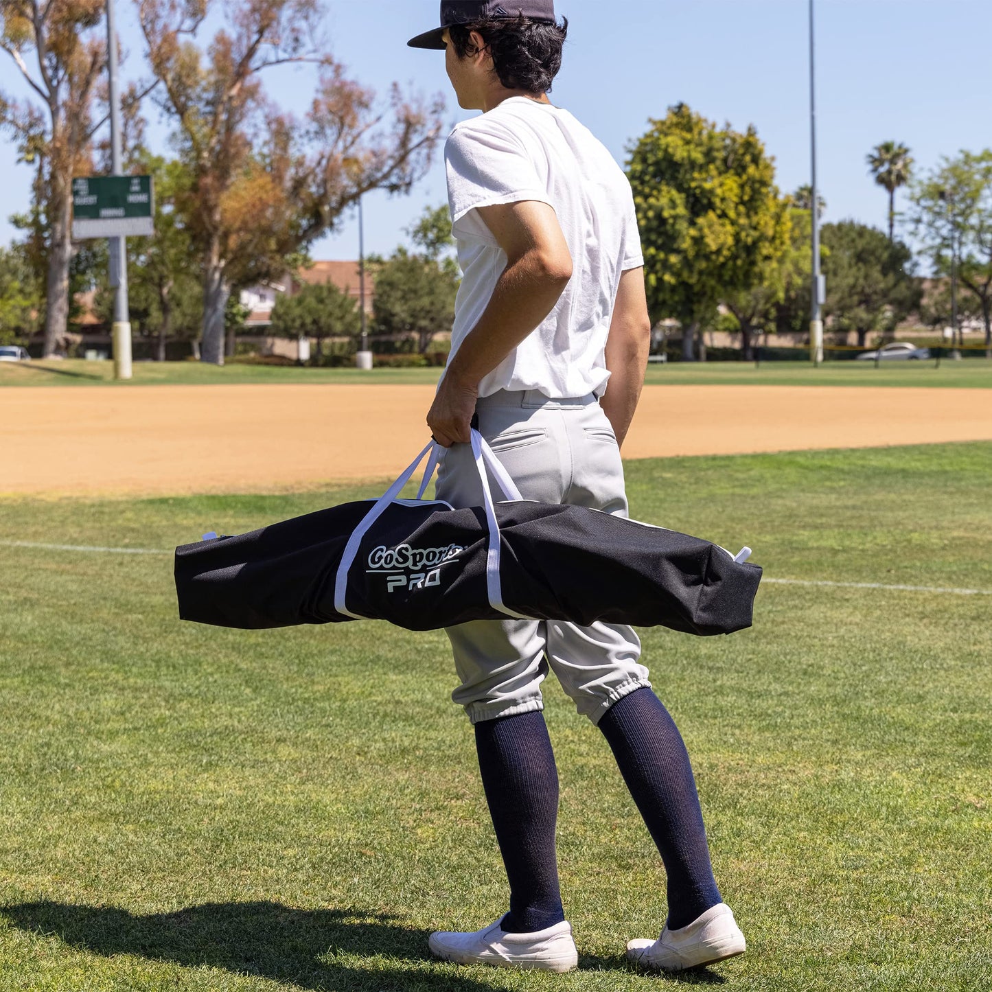 GoSports 7 ft x 7 ft PRO Baseball & Softball Practice Hitting & Pitching Net with Bow Type Frame, Carry Case and Strike Zone, Ultimate Training Net